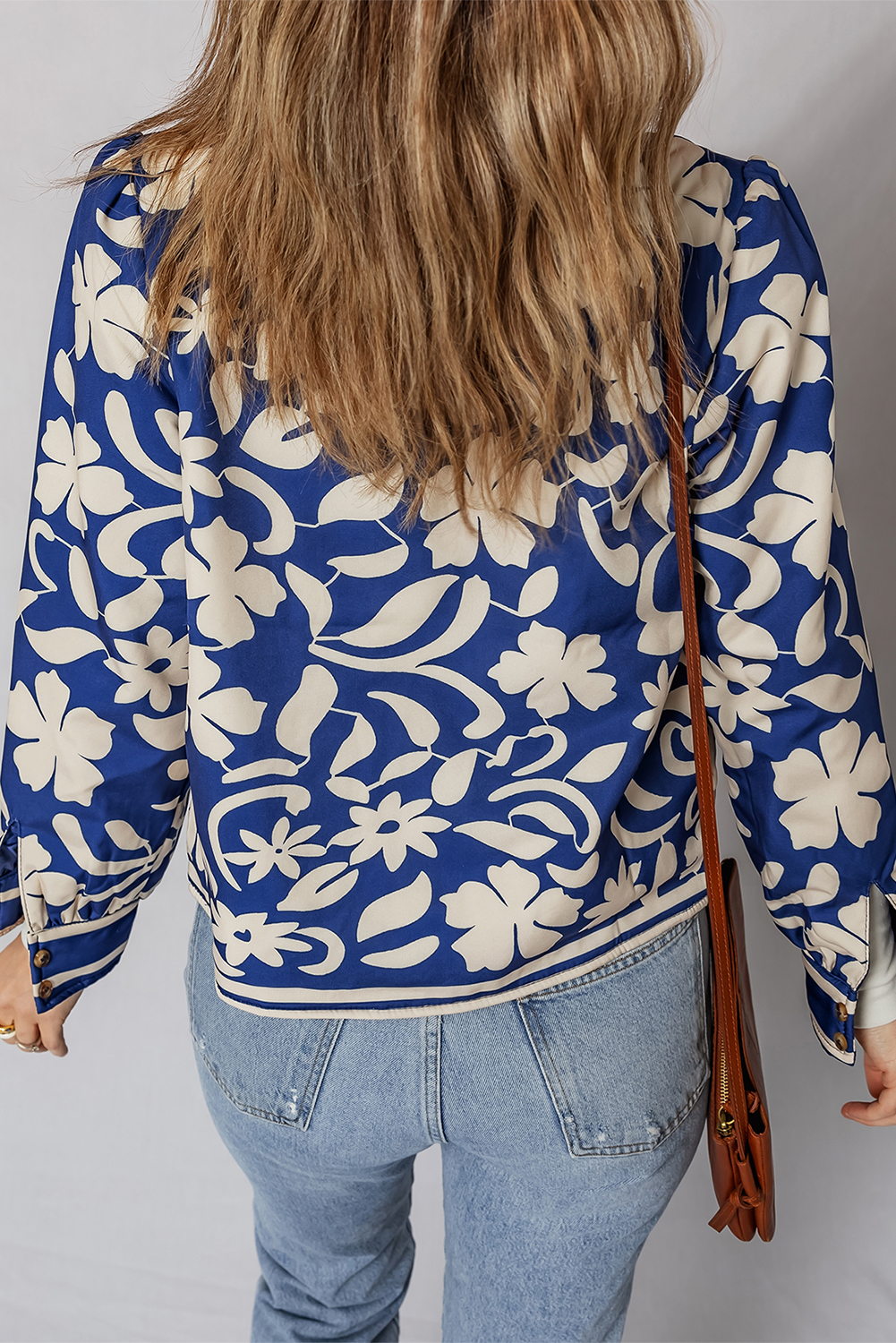 Blue Flower Print Open Front Buttoned Cuffs Elegant Jacket - loveforevers