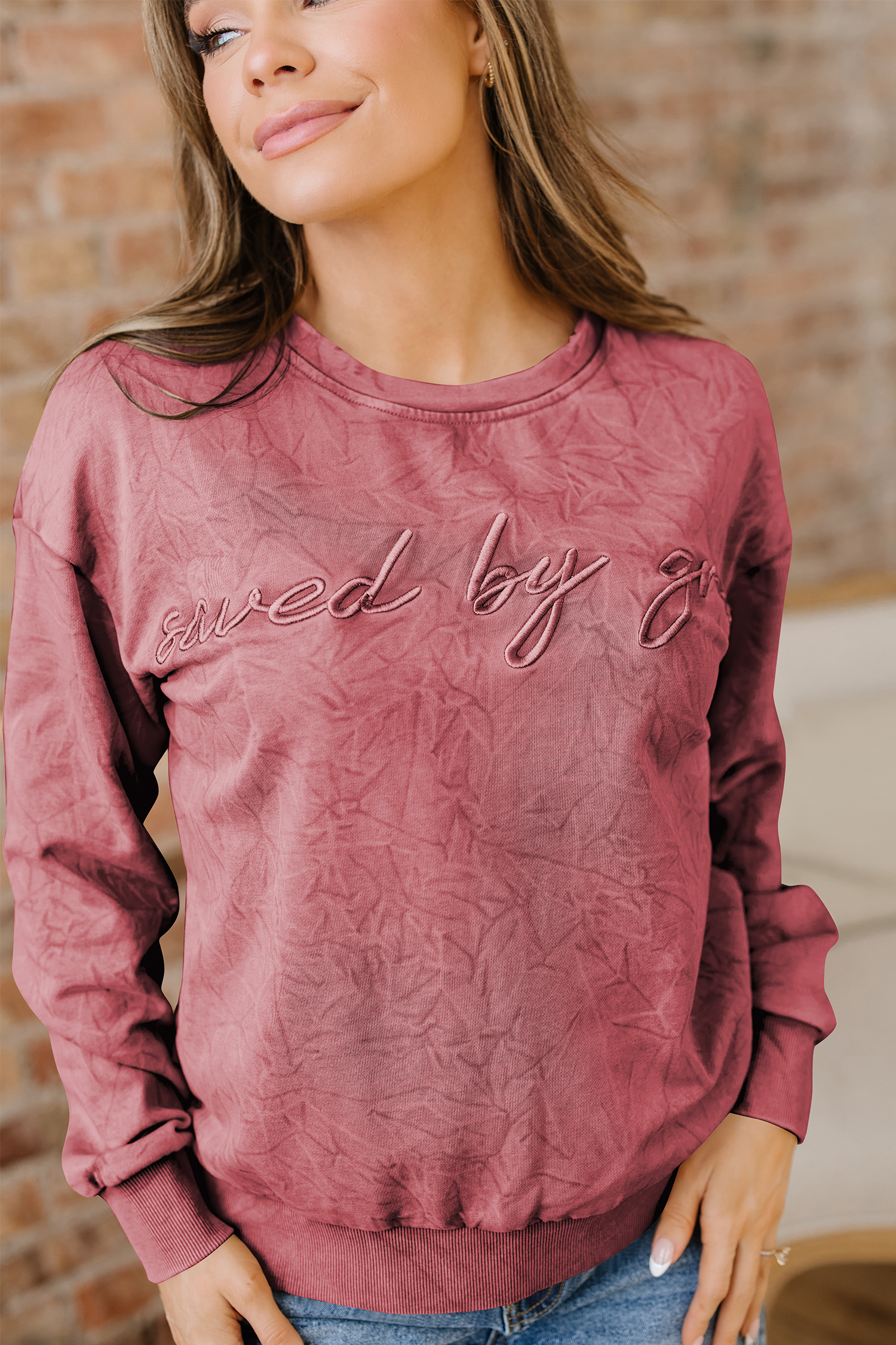 DUNE saved by grace Letter Embroidery Mineral Wash Loose Sweatshirt - loveforevers