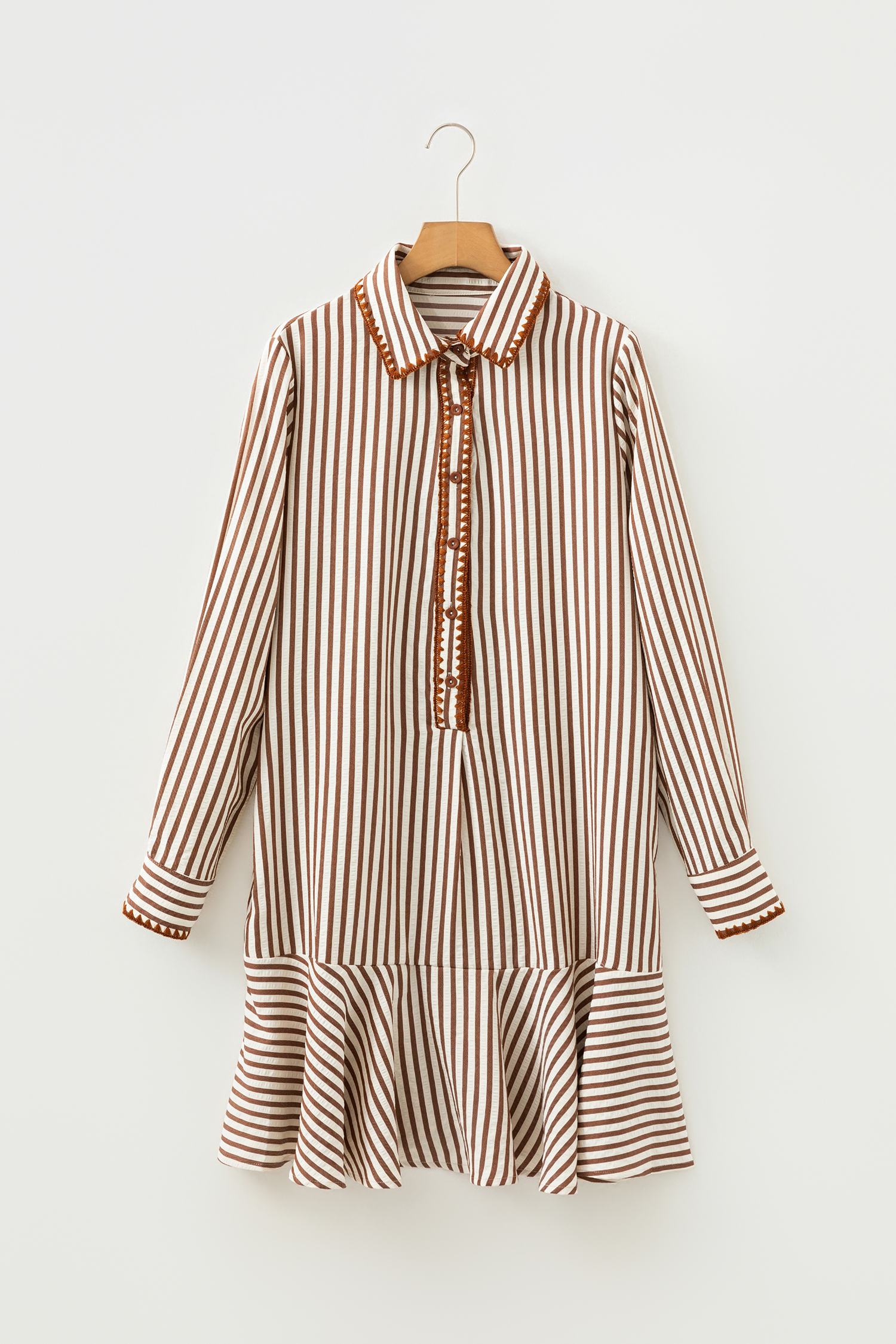 Khaki Stripe Shirt Collar Embroidered Trim Ruffle Hem Long Sleeve Mini Dress - loveforevers