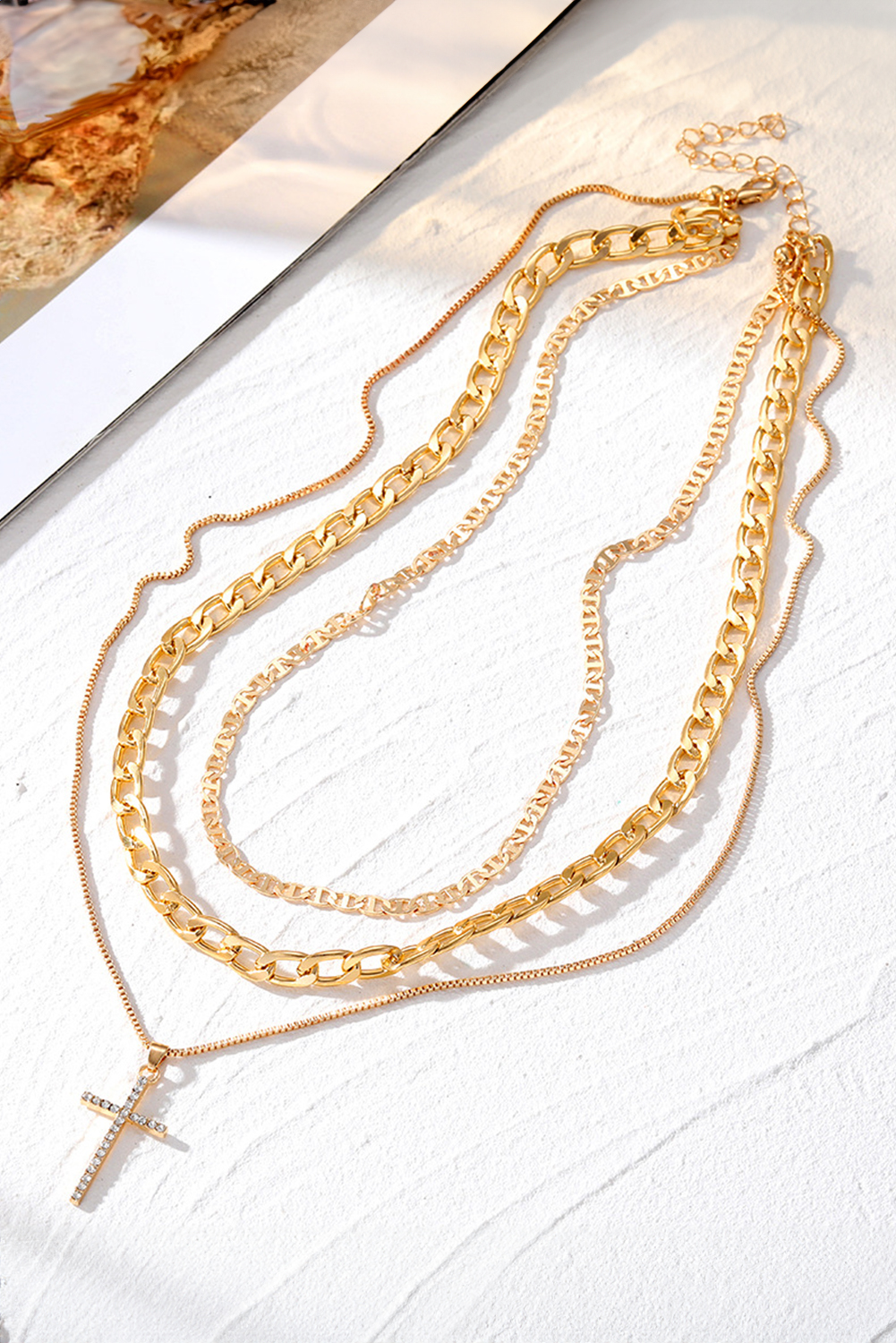 Gold Plated Cross Pendant Multi Layer Stacked Chains Necklace - loveforevers