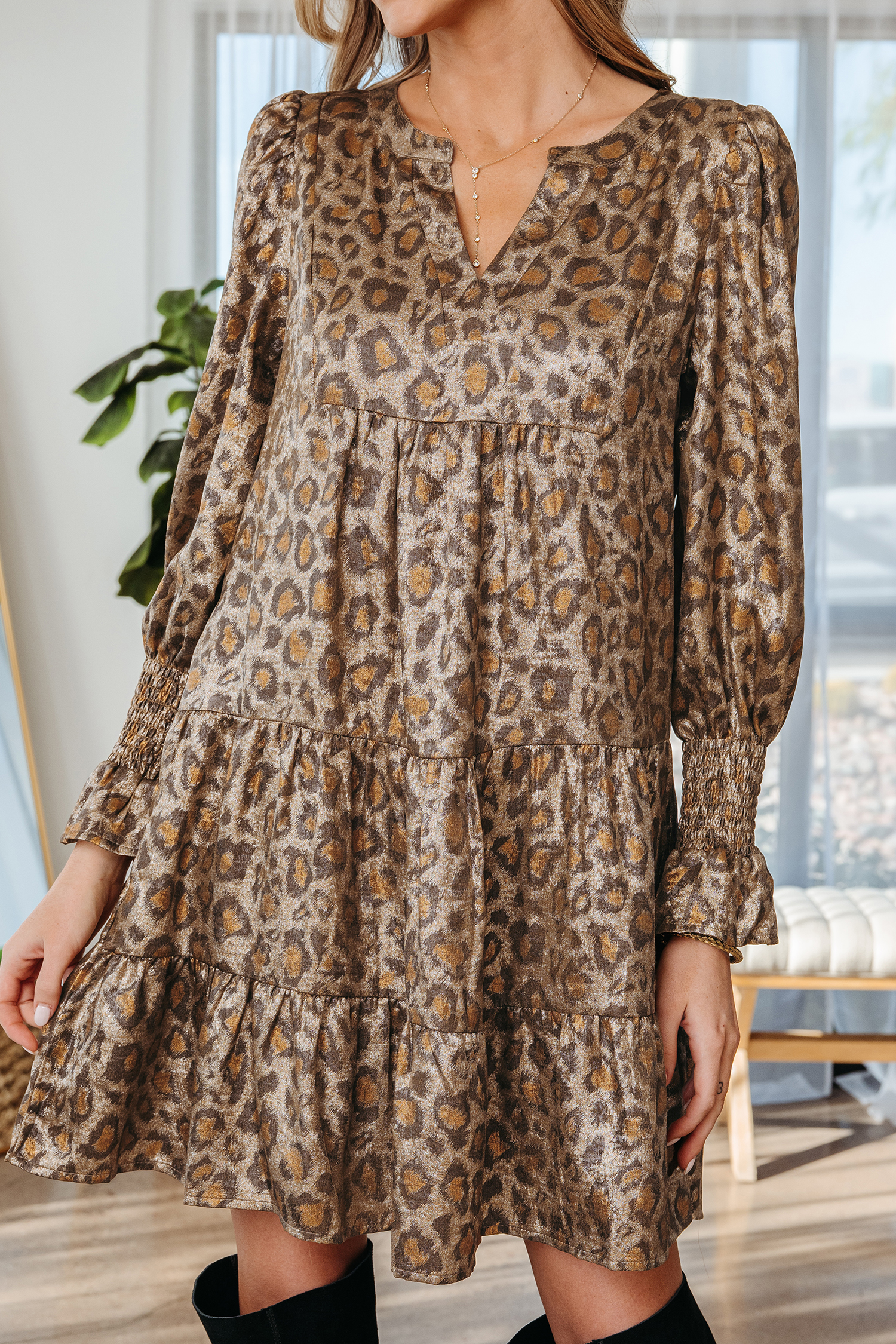 Khaki Leopard Print V Neck Ruffled Sleeve Tiered Loose Mini Dress - loveforevers