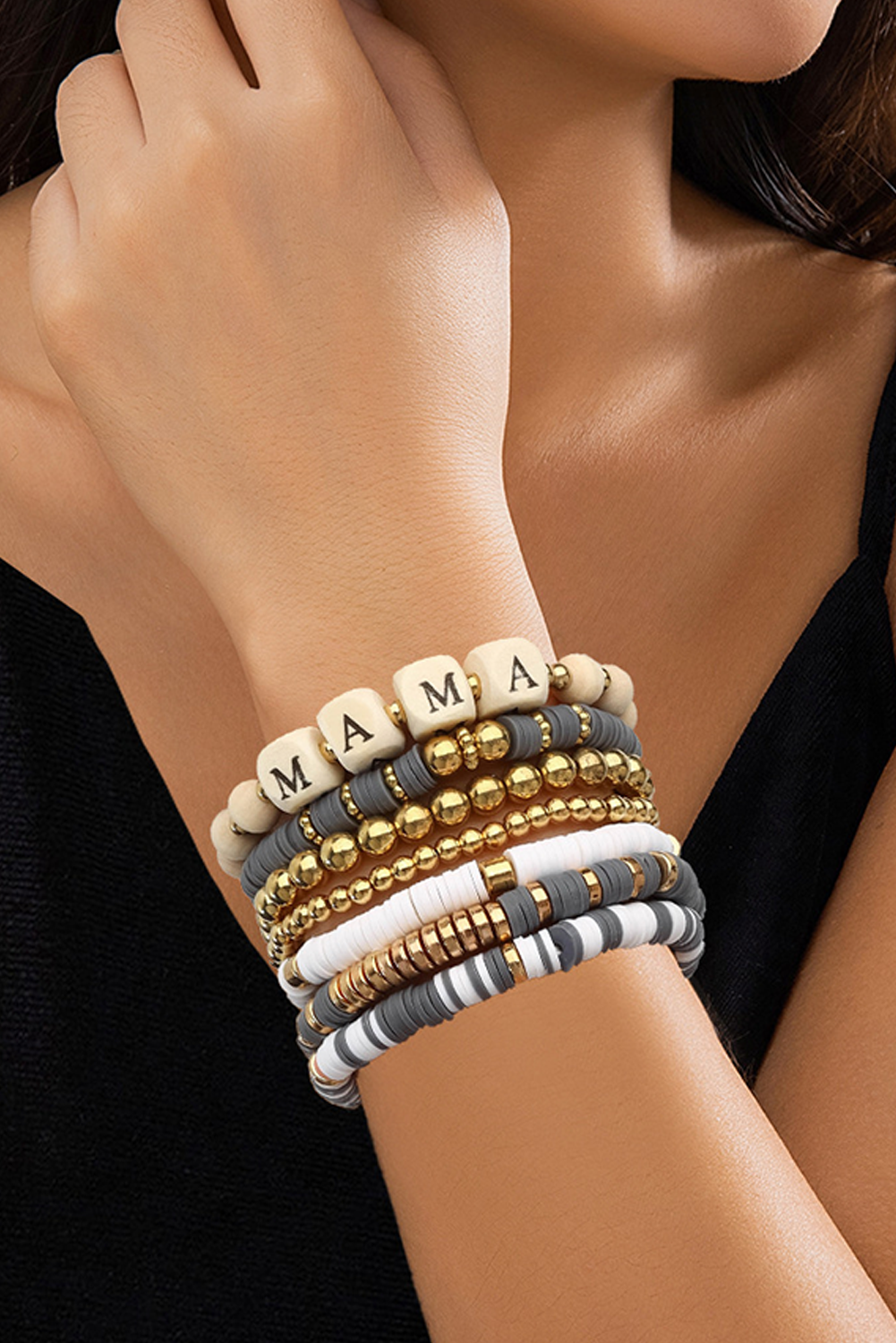 Gray MAMA Beaded Multi Layered Bracelet - loveforevers