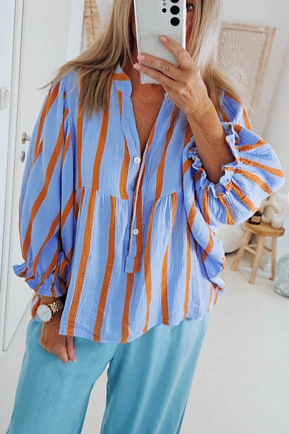 Sky Blue Stripe Crinckled Ruffled Sleeve Button up Loose Shirt - loveforevers