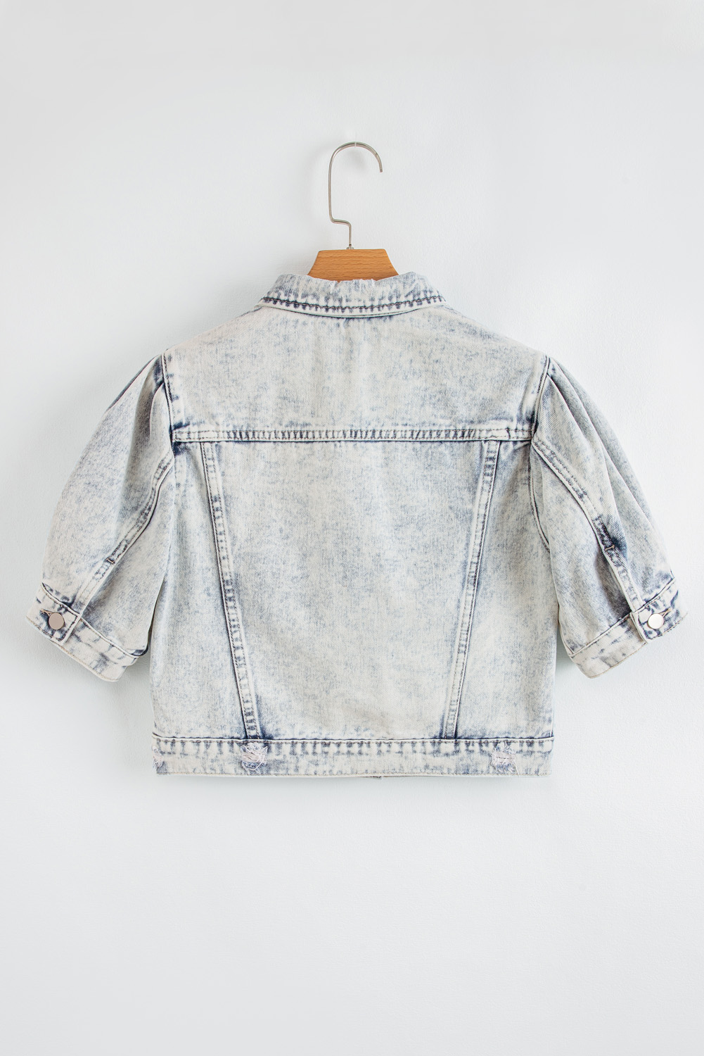 Beau Blue Light Wash Buttoned Chest Pocket Puff Sleeve Denim Jacket - loveforevers