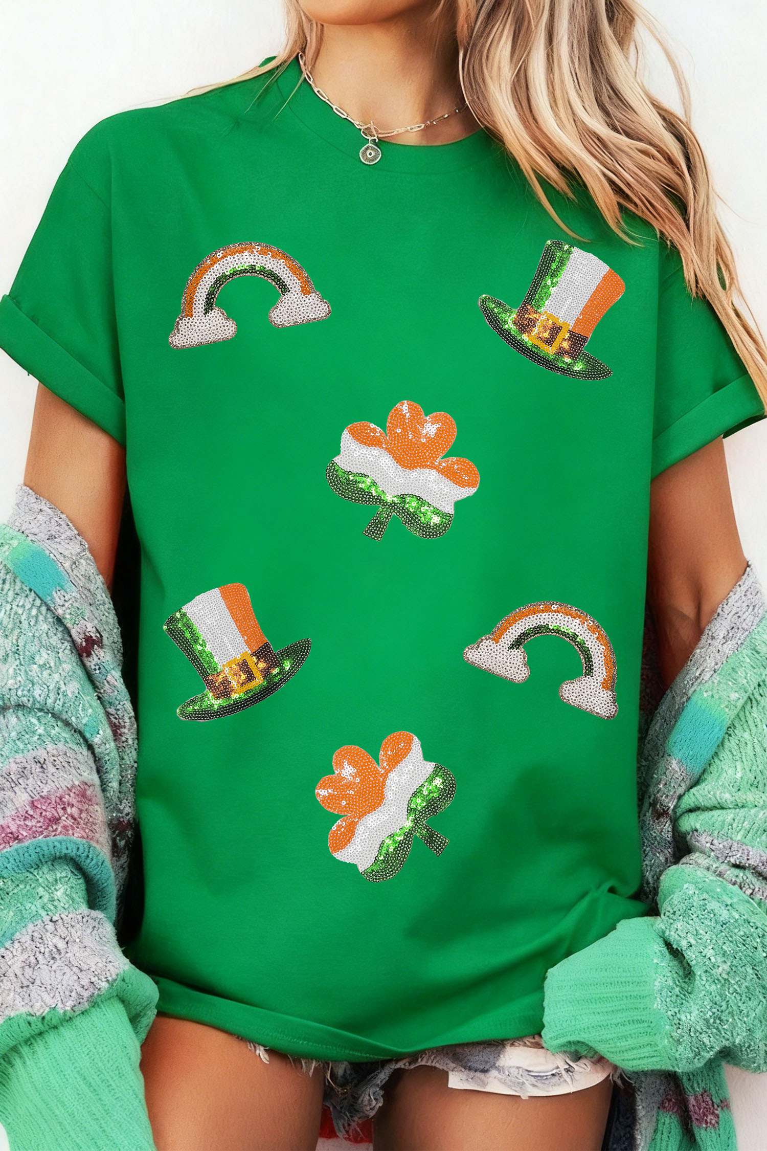 Bright Green St Patricks Day Elements Sequin Graphic Tee - loveforevers