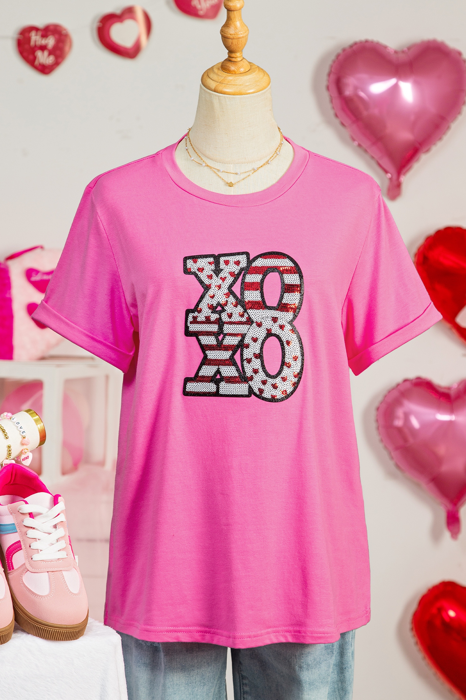 Sachet Pink Sequined XOXO Graphic Valentine T Shirt - loveforevers