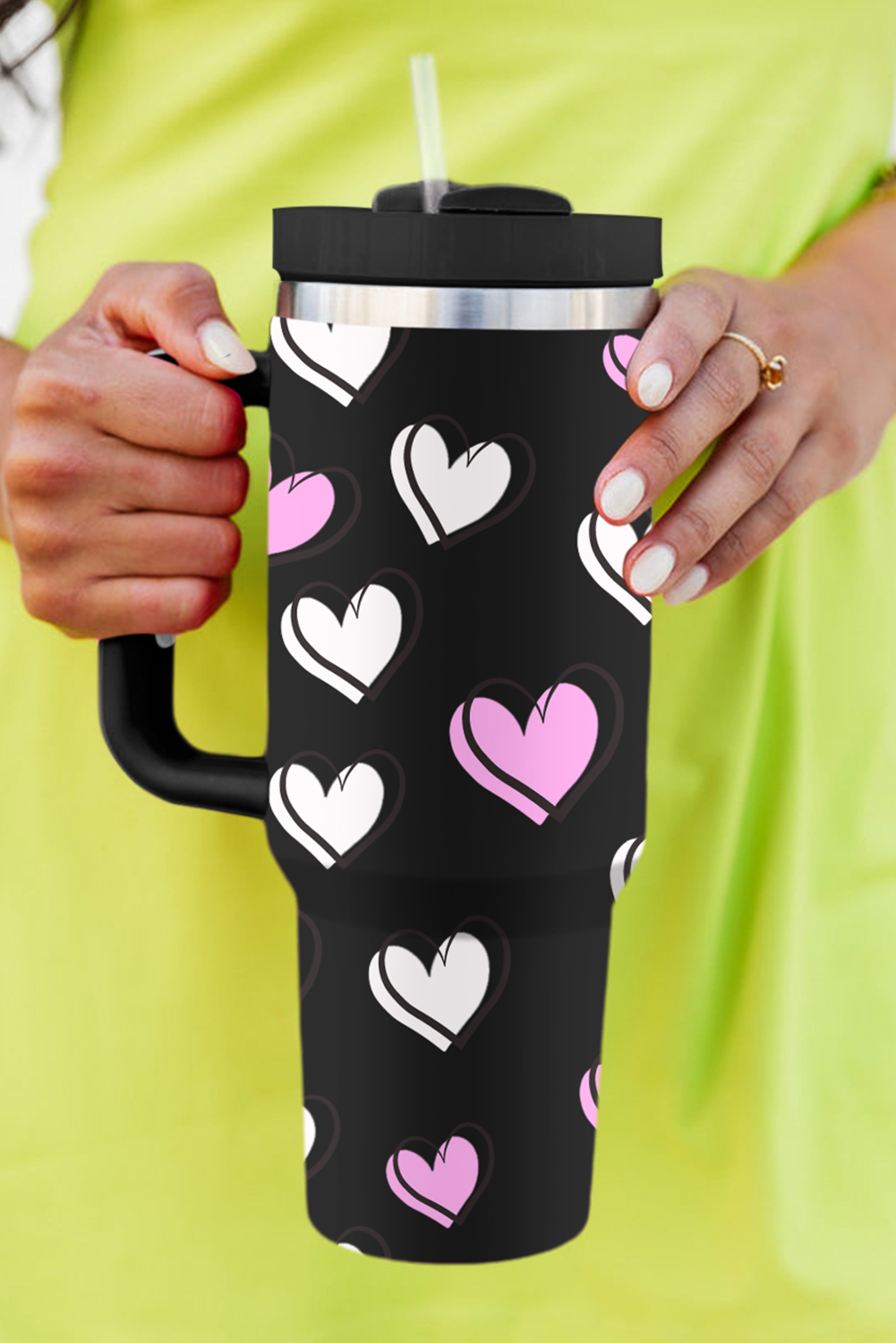 Black Valentines Heart Printed Thermos Cup with Handle 40oz - loveforevers
