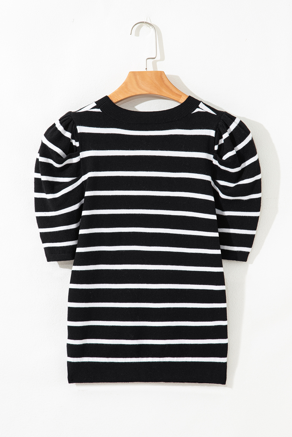 Blue Stripe Ribbed Trim Round Neck Bubble Sleeve Knitted Top - loveforevers