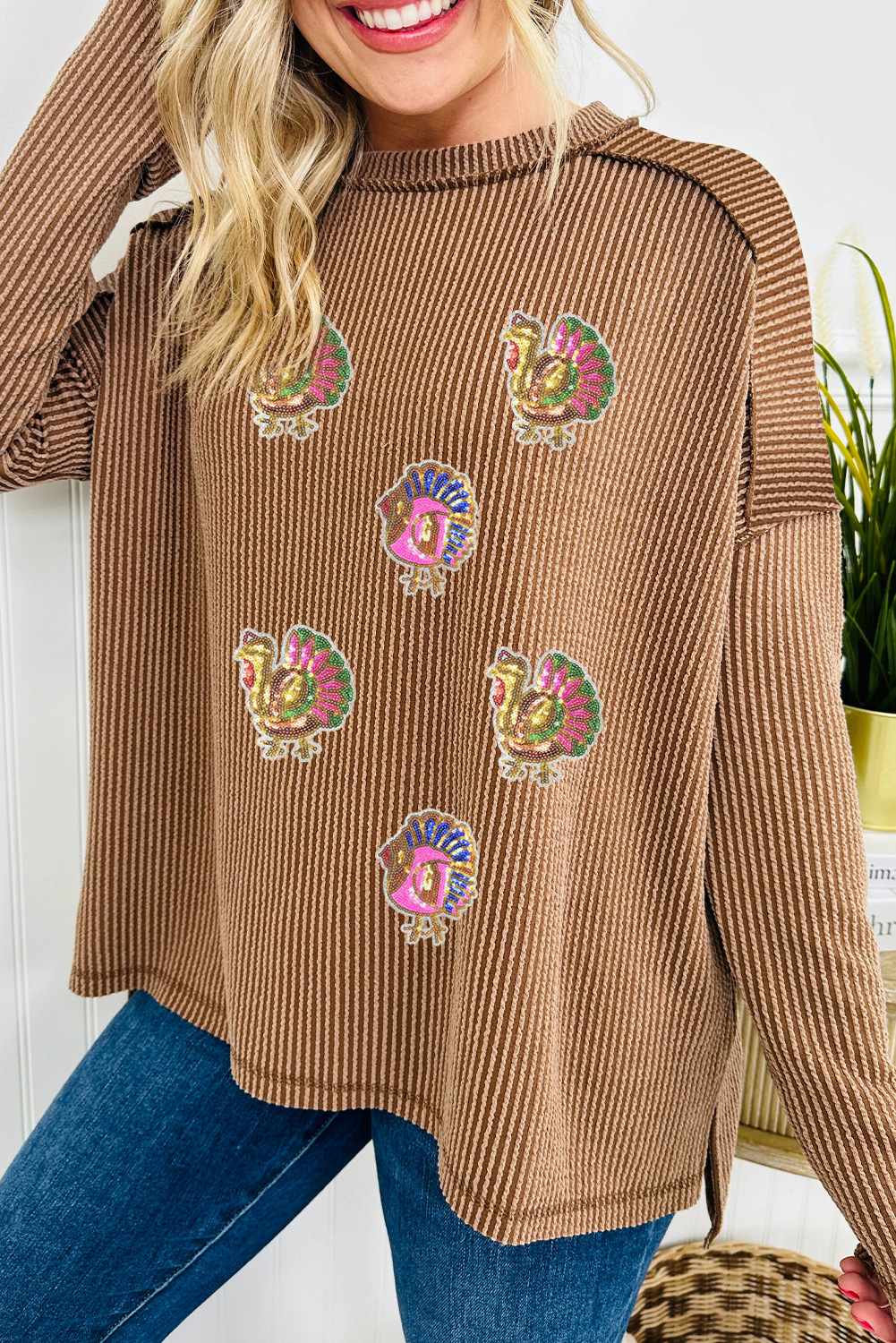 Dark Khaki Sequin Thanksgiving Turkey Patched Twisted Ribbed Exposed Seam Drop Shoulder Top - loveforevers