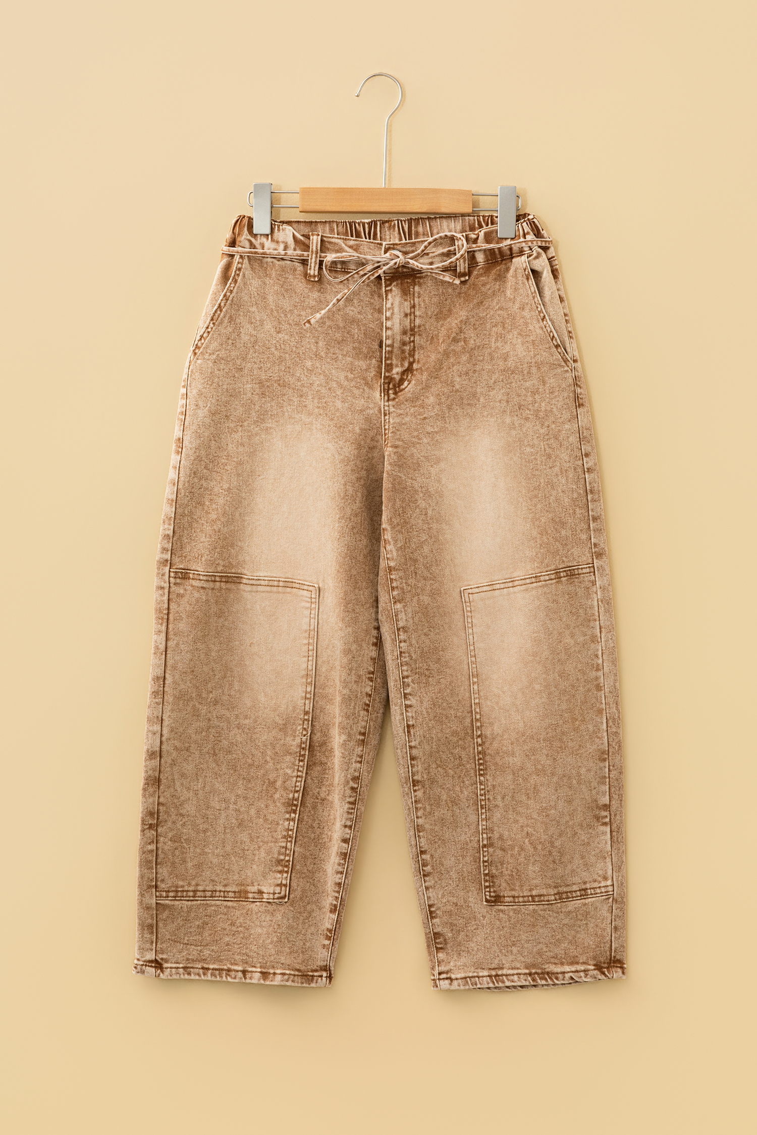 Smoke Gray Acid Wash Barrel Fit Denim Pants with Waist String - loveforevers