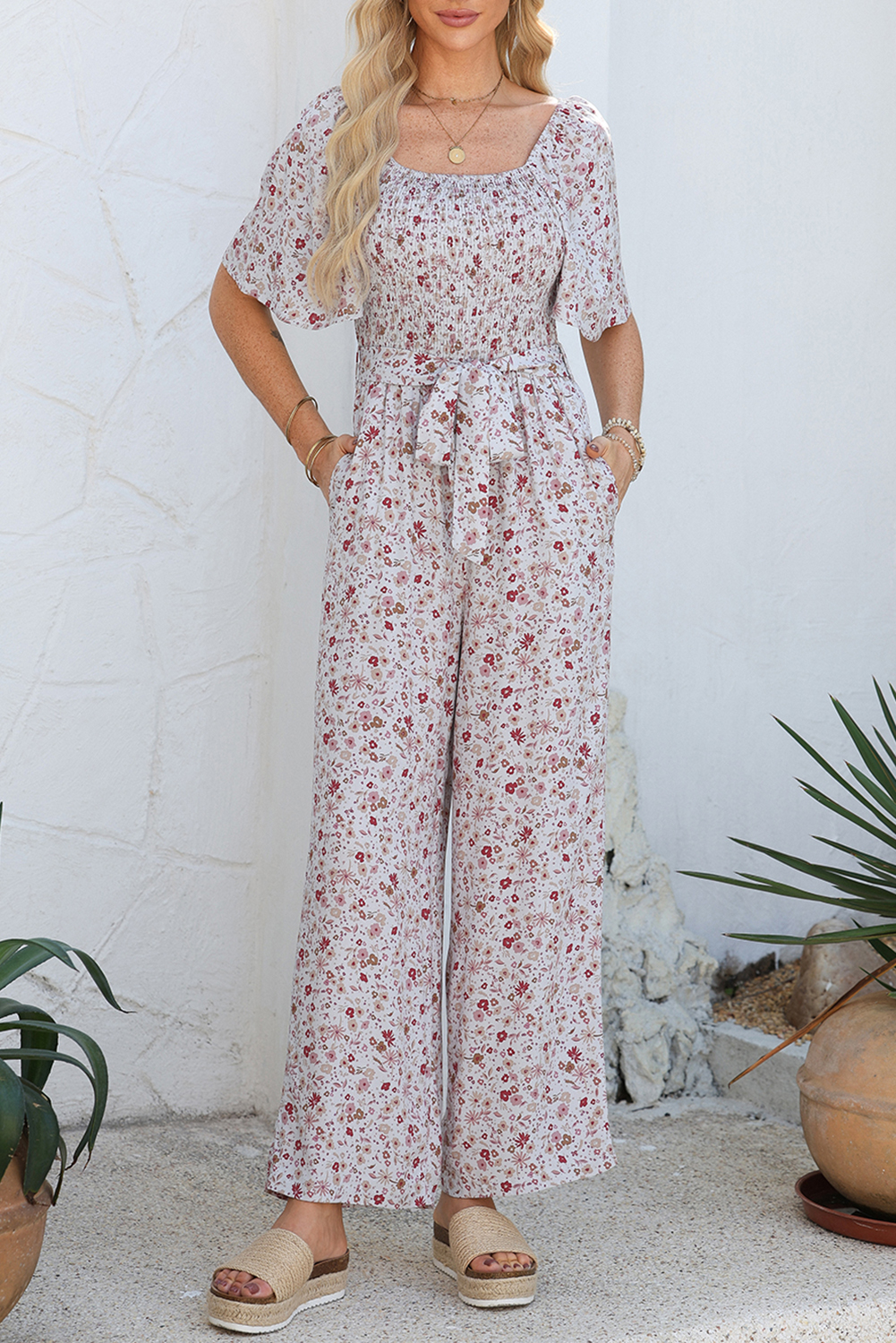 White Smocked Short Sleeve Wide Leg Floral Print Jumpsuit - loveforevers