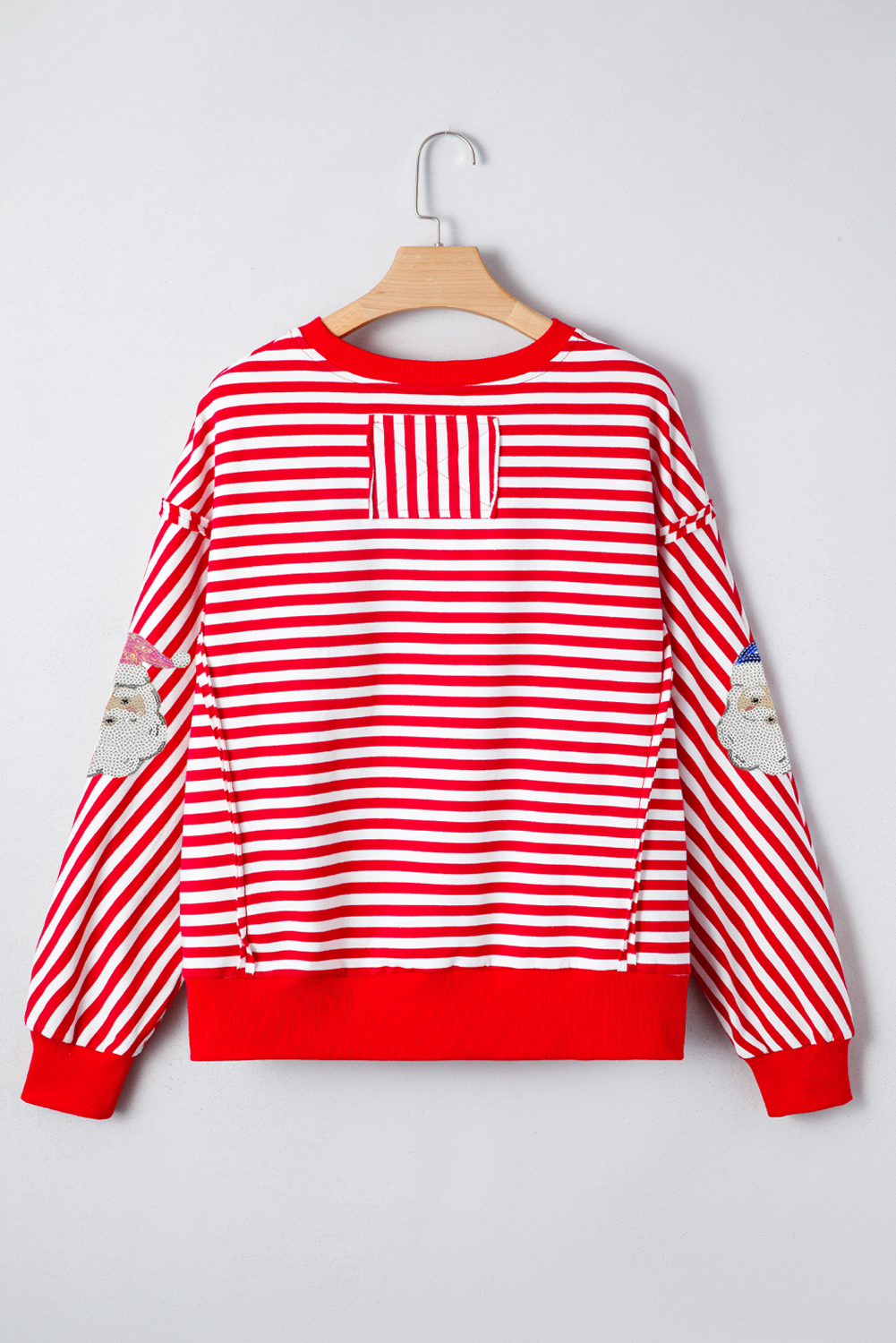 Red Stripe Sequin Santa Round Neck Raw Seam Detail Christmas Long Sleeve Top - loveforevers