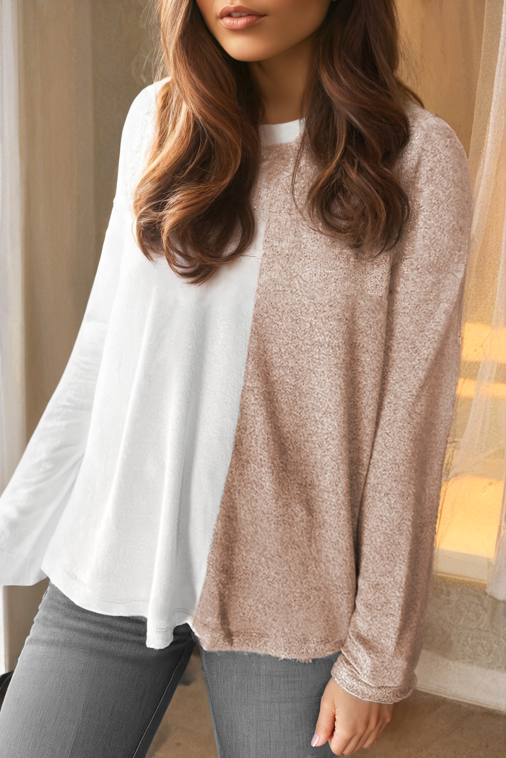 Khaki Colorblock Long Sleeve Crew Neck Top - loveforevers