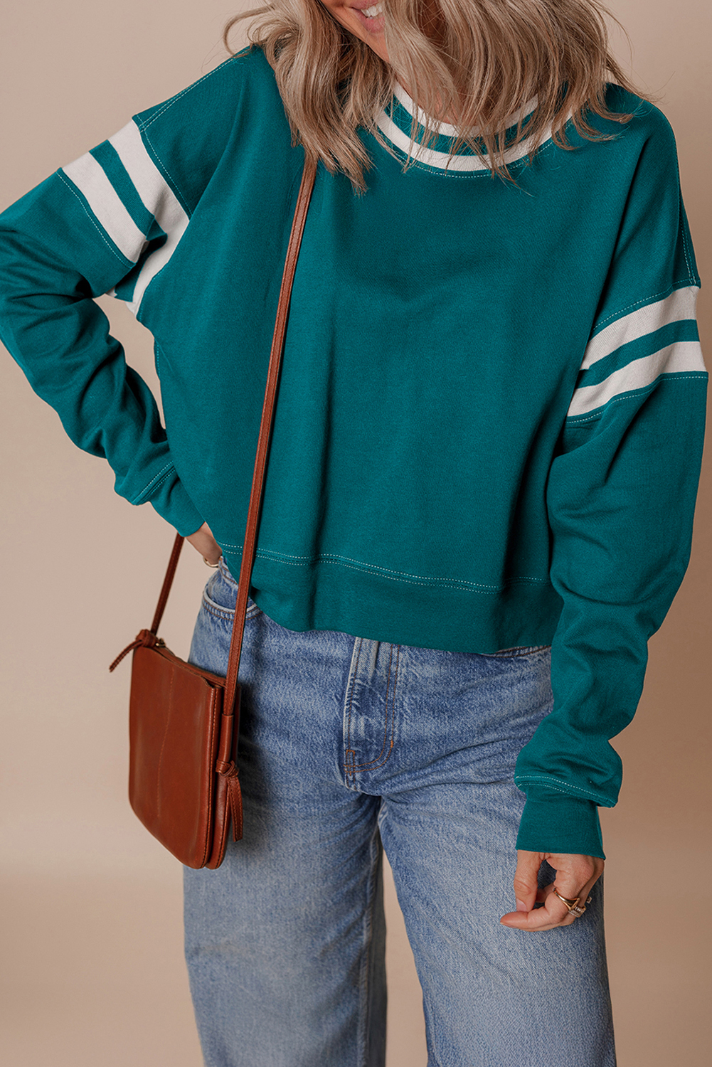 Blackish Green Contrast Striped Patchwork Round Neck Drop Shoulder Sweatshirt - loveforevers