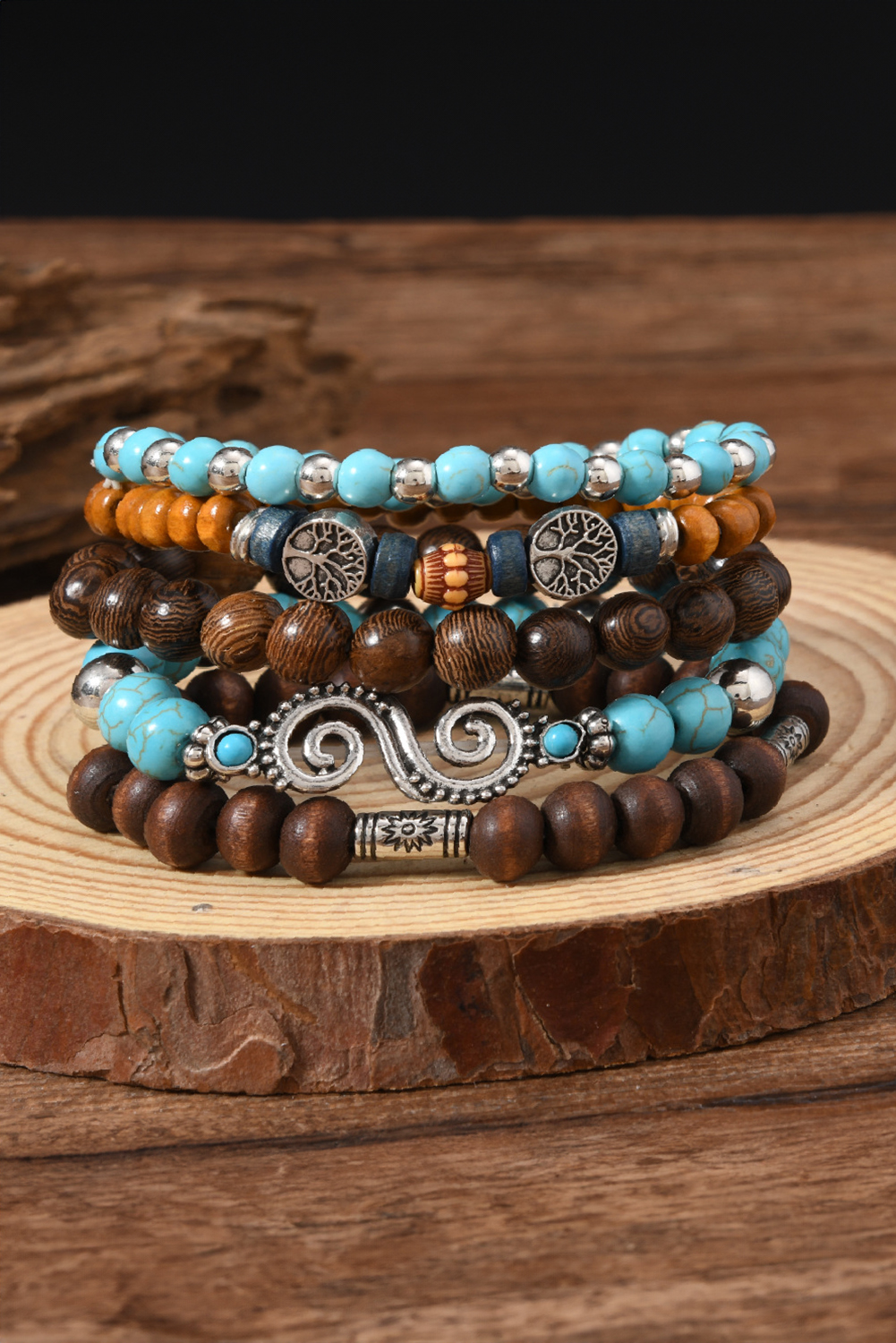 Cinnamon Boho 5pcs Turquoise Wood Beaded Elastic Bracelet Set - loveforevers