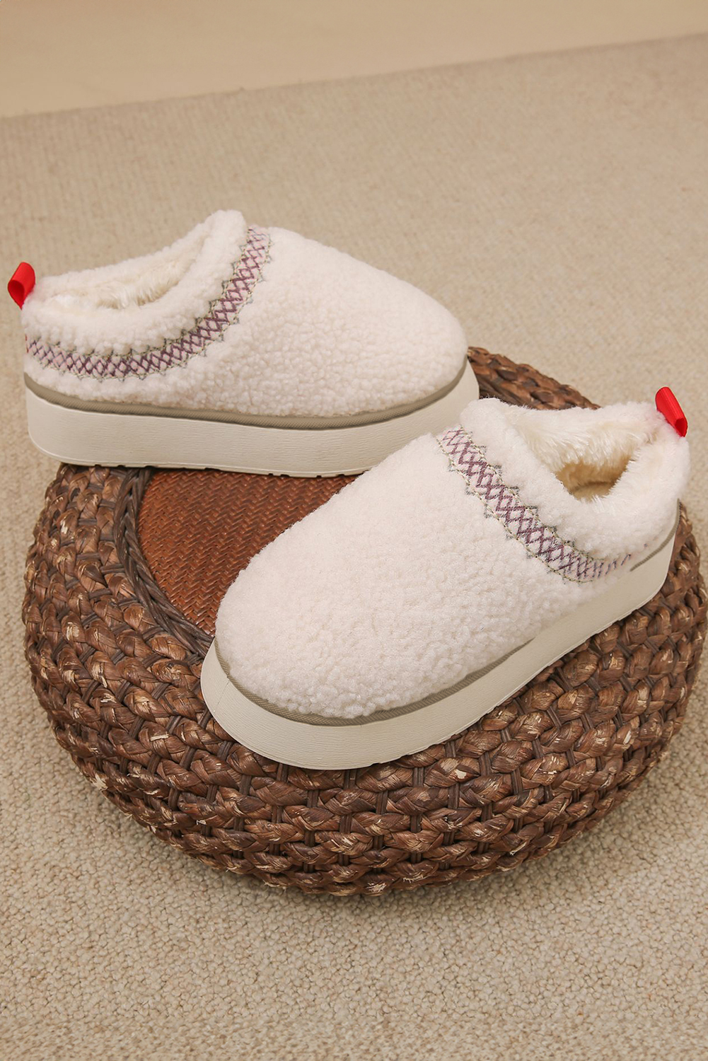 Oatmeal Embroidered Sherpa Plush Thick Sole Snow Boots - loveforevers