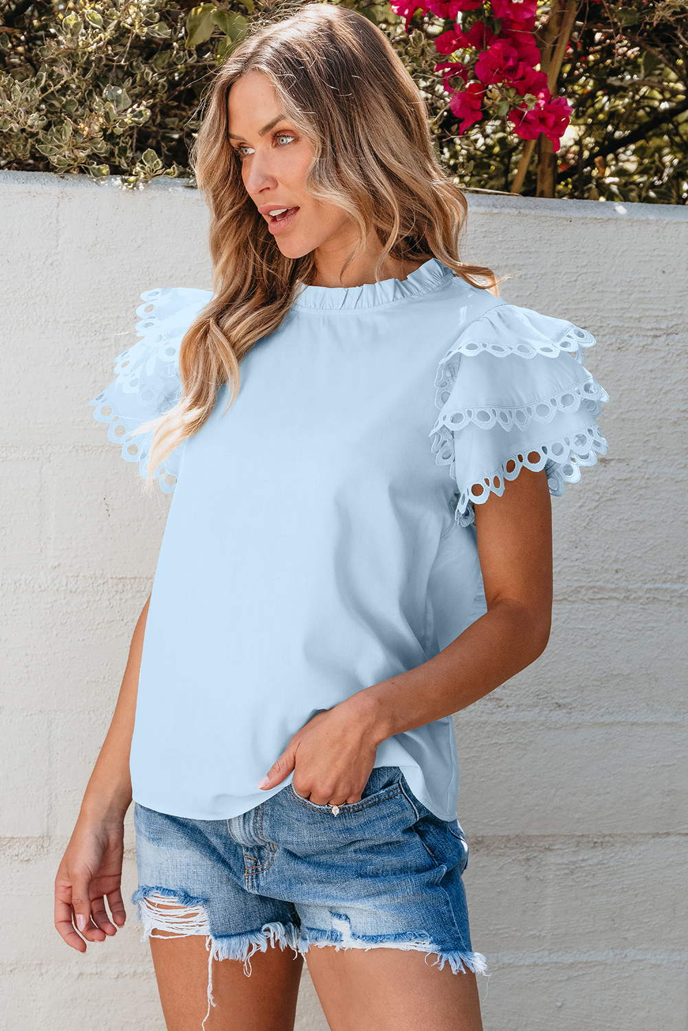 Beau Blue Layered Ric Rac Cap Sleeve Filled Neck Blouse - loveforevers