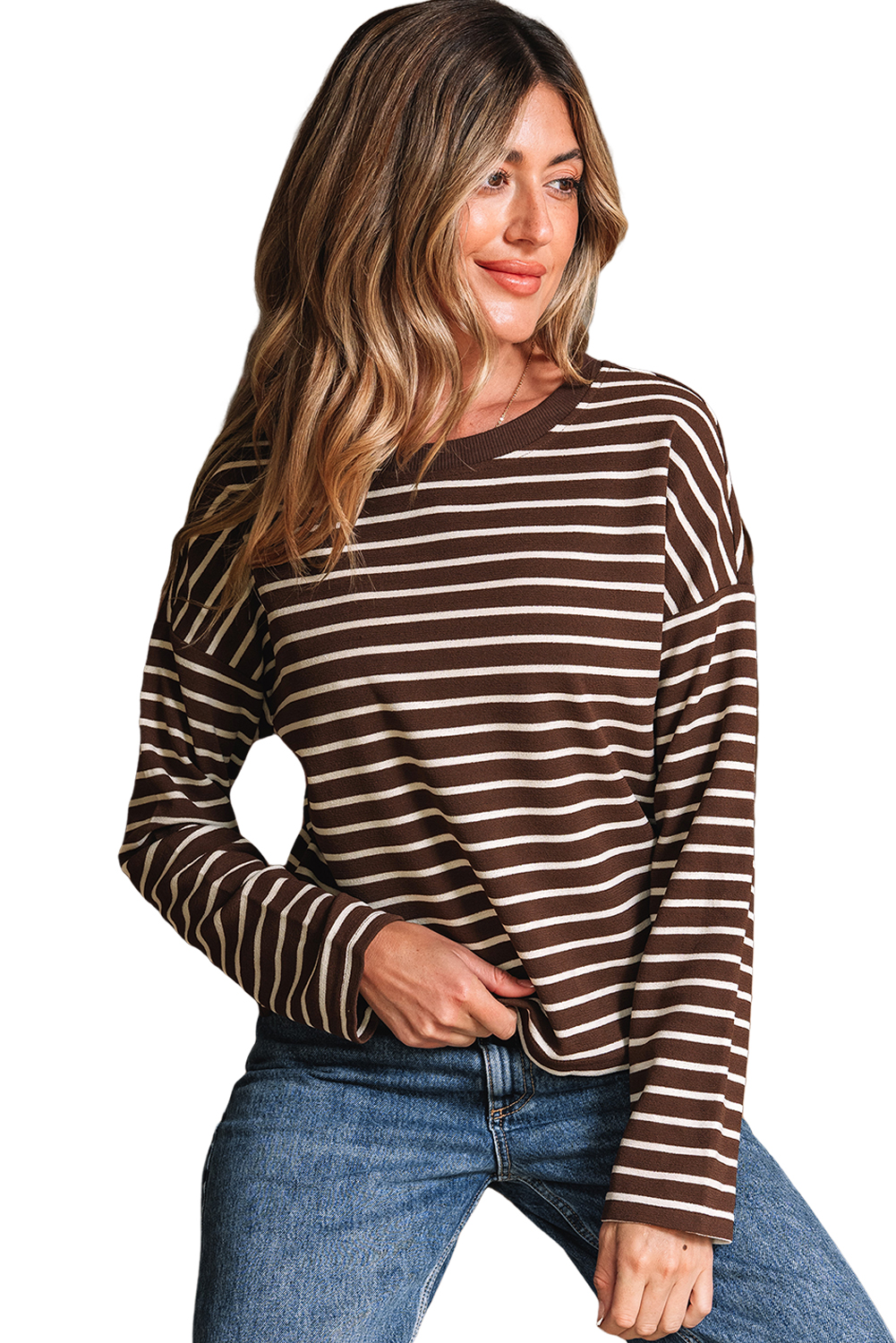 Brown Stripe Ribbed Cropped Crew Neck Long Sleeve T Shirt - loveforevers