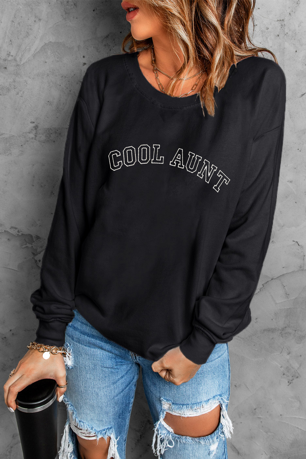 Black COOL AUNT Embroidered Letter Graphic Sweatshirt - loveforevers
