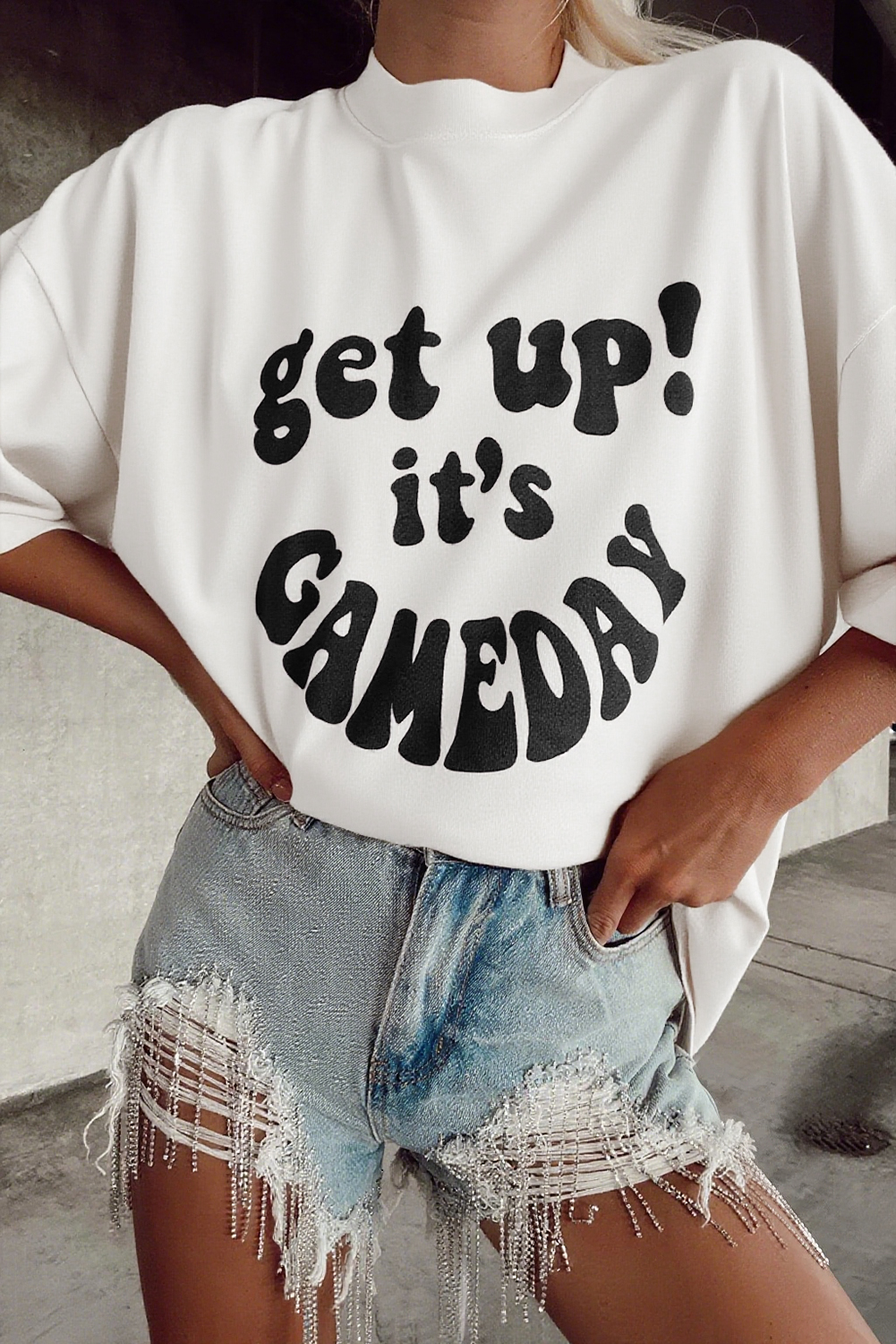 Beige GAME DAY Slogan Printed Half Sleeve Oversize T Shirt - loveforevers