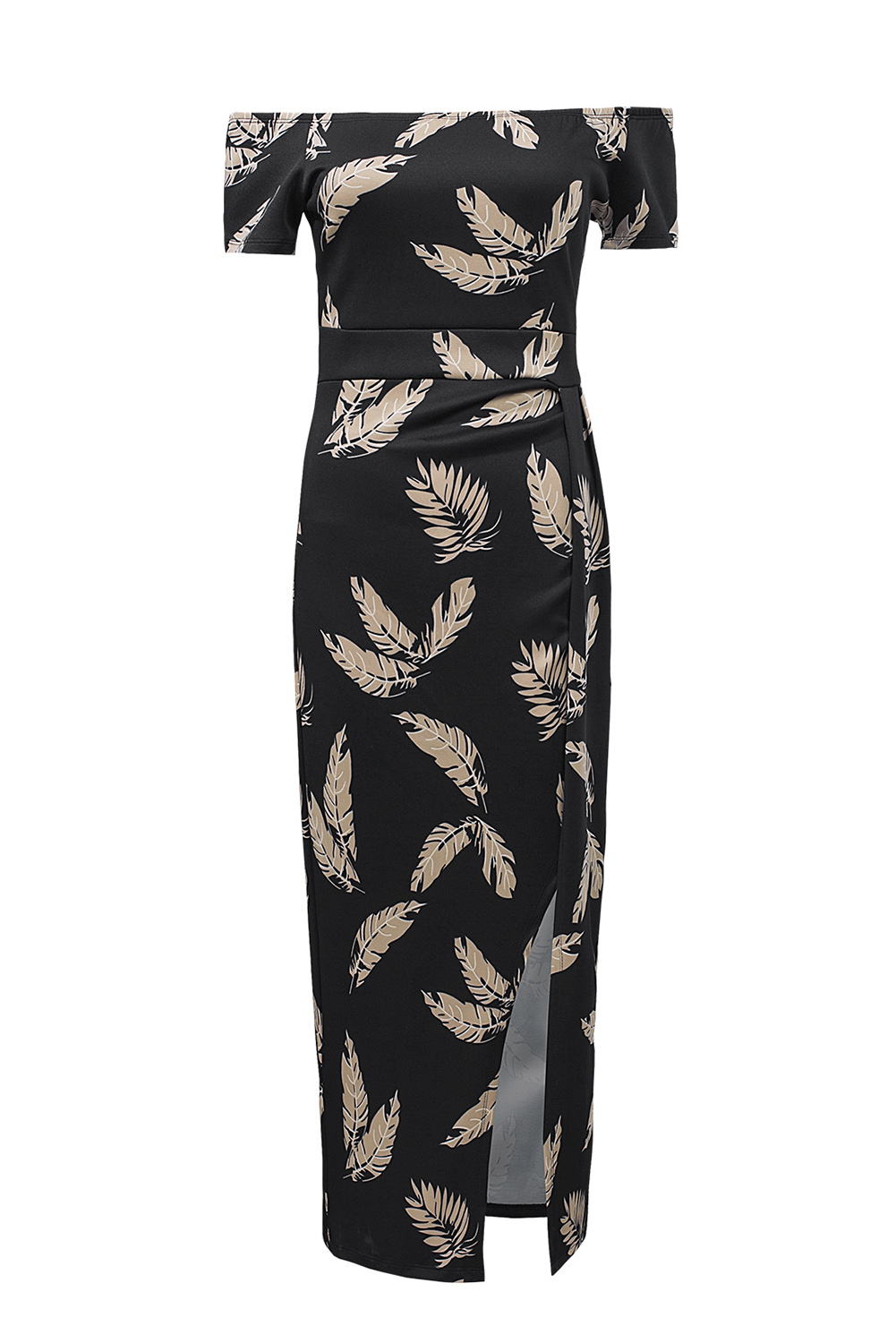 Black Pattern Print Off Shoulder Slit Bodycon Midi Dress - loveforevers