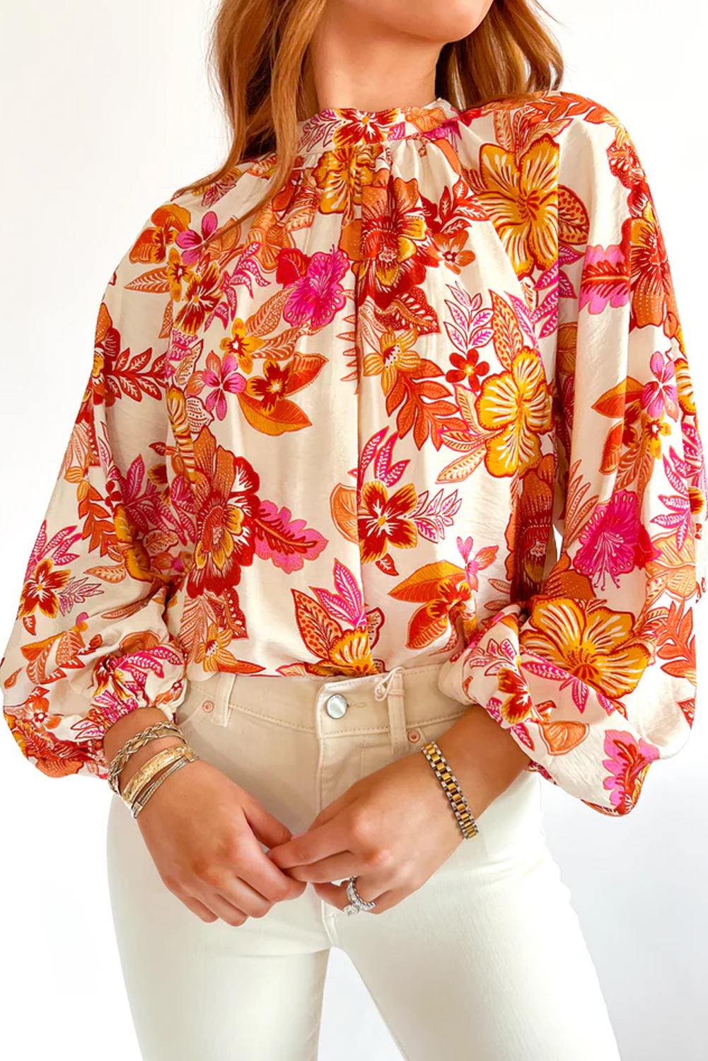 Orange Floral Print Pearl Button Keyhole Long Puff Sleeve Blouse - loveforevers