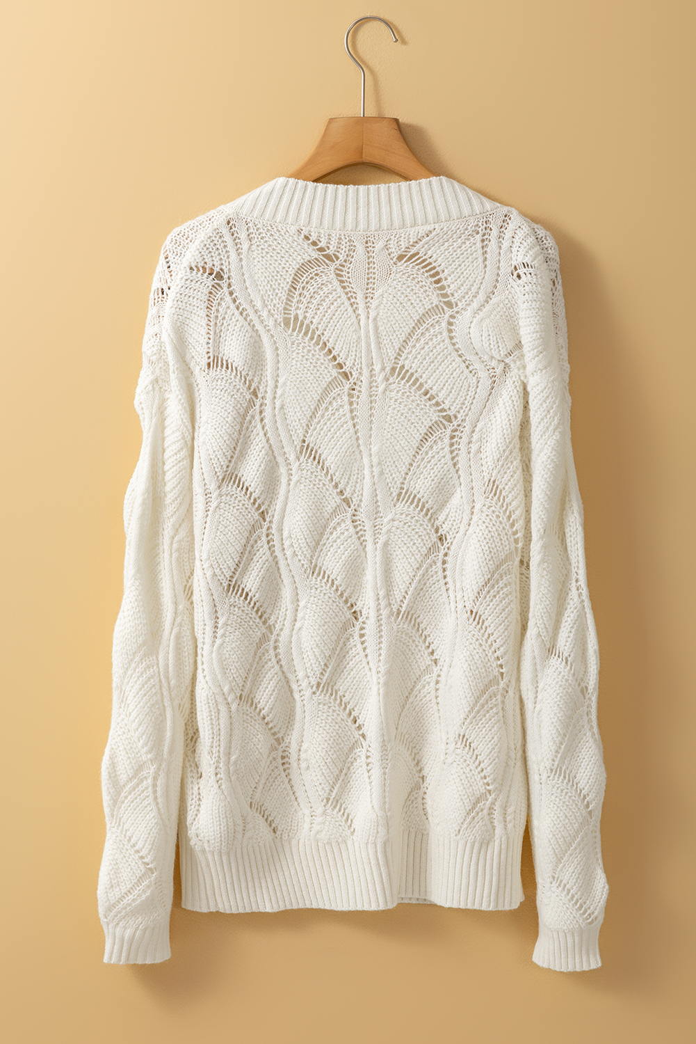 Beige Hollow Out Knit V Neck Drop Shoulder Sweater - loveforevers