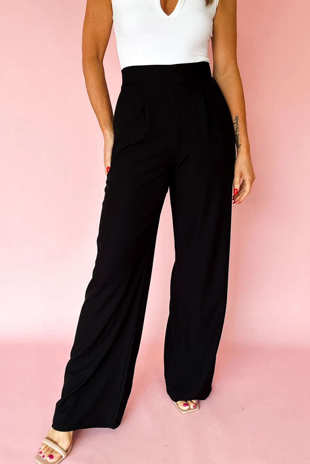 Fiery Red Pleated Detail Pull On High Elastic Waist Loose Straight Pants - loveforevers
