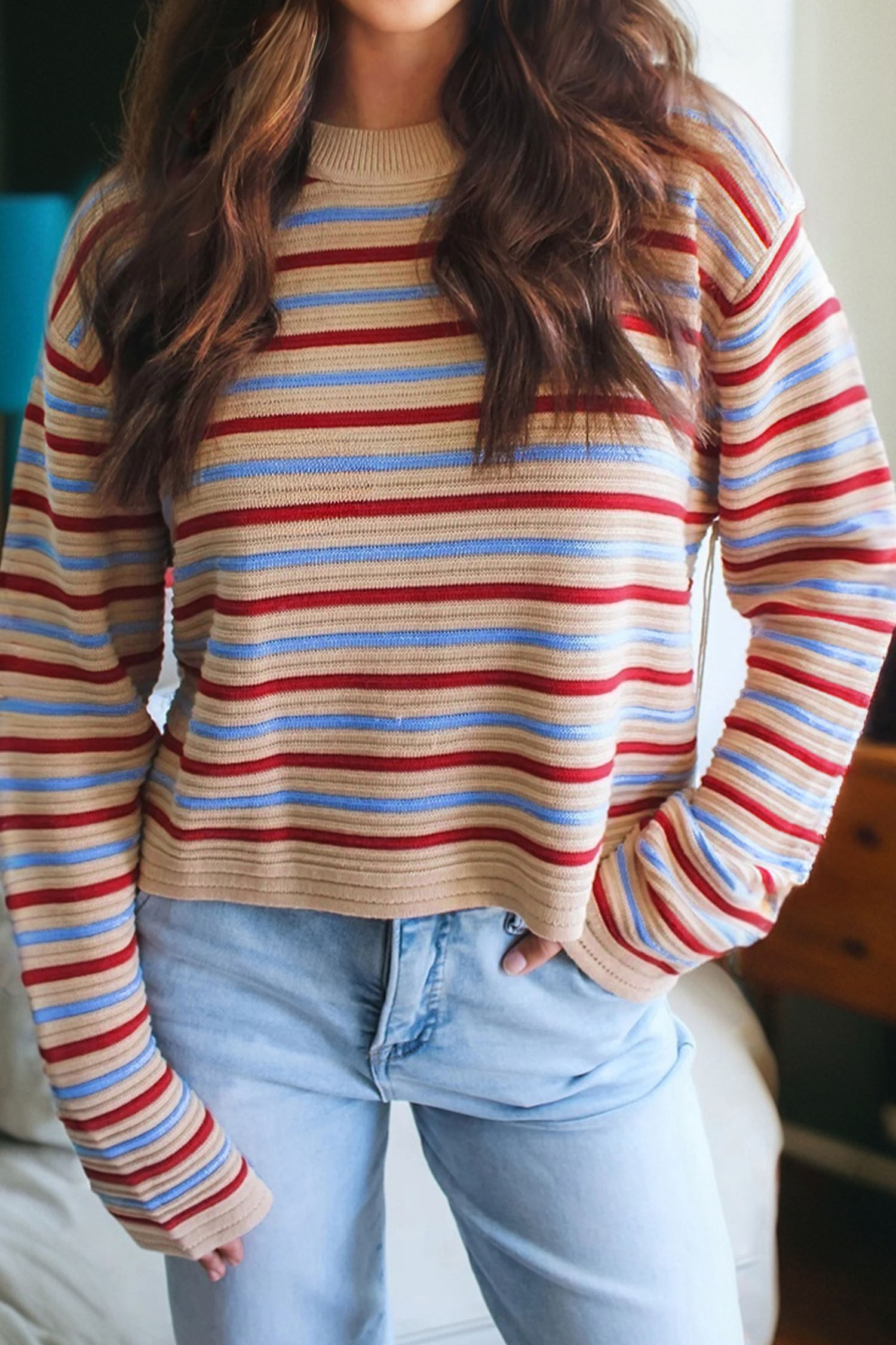 Khaki Stripe Drop Shoulder Cropped Long Sleeve Fall Sweater - loveforevers