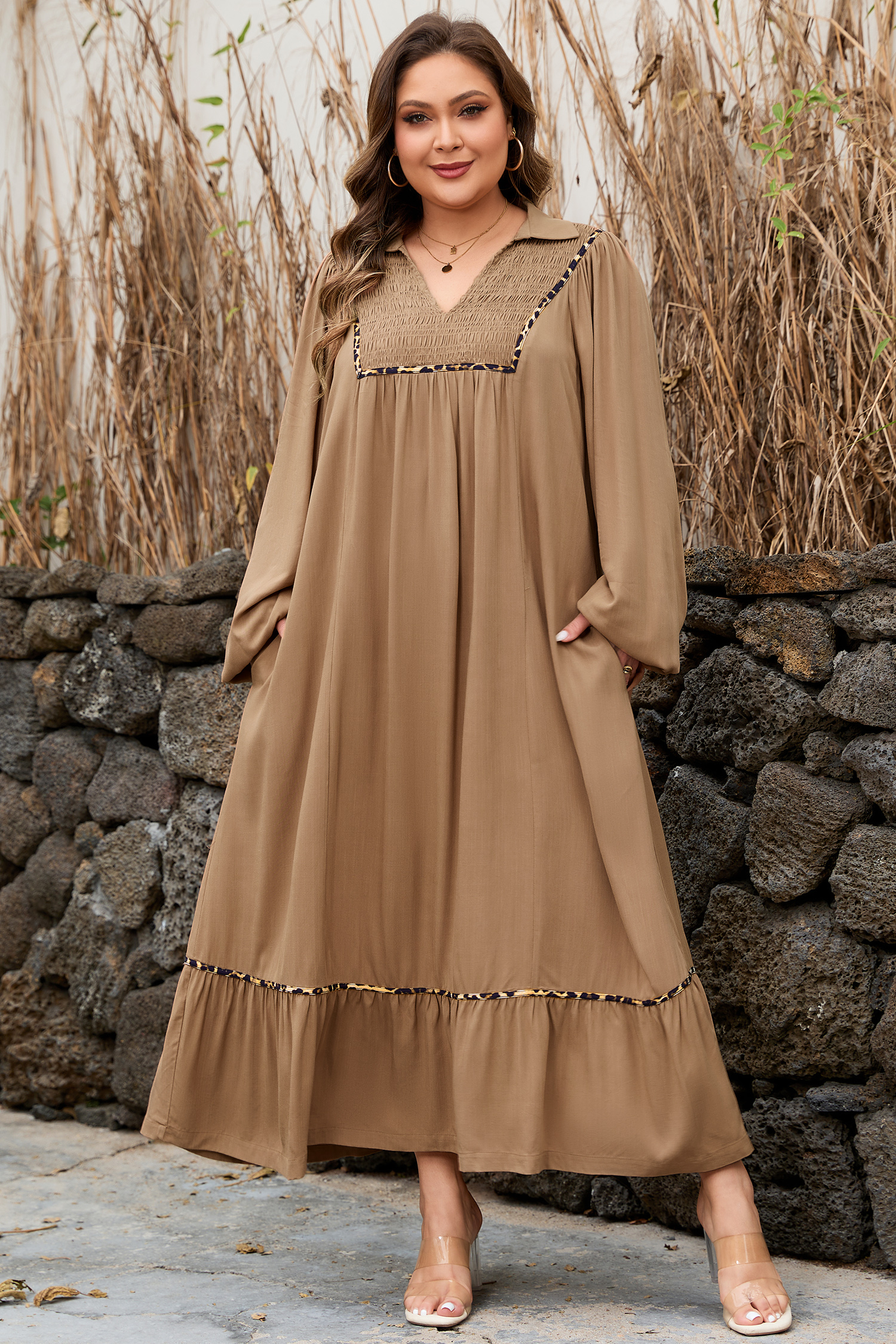Four Leaf Clover Collared V Neck Smocked Detail Contrast Leopard Trim Bracelet Sleeve Long Dress - loveforevers