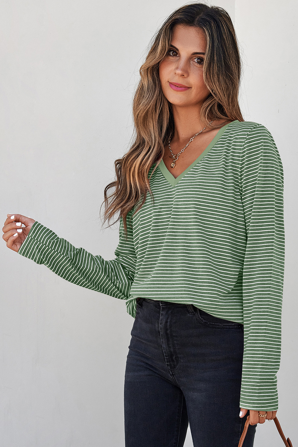 Green Stripe V Neck Stretchy Long Sleeve Top - loveforevers