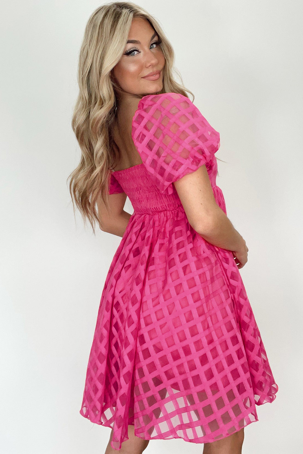 Strawberry Pink Checkered Puff Sleeve Babydoll Dress - loveforevers