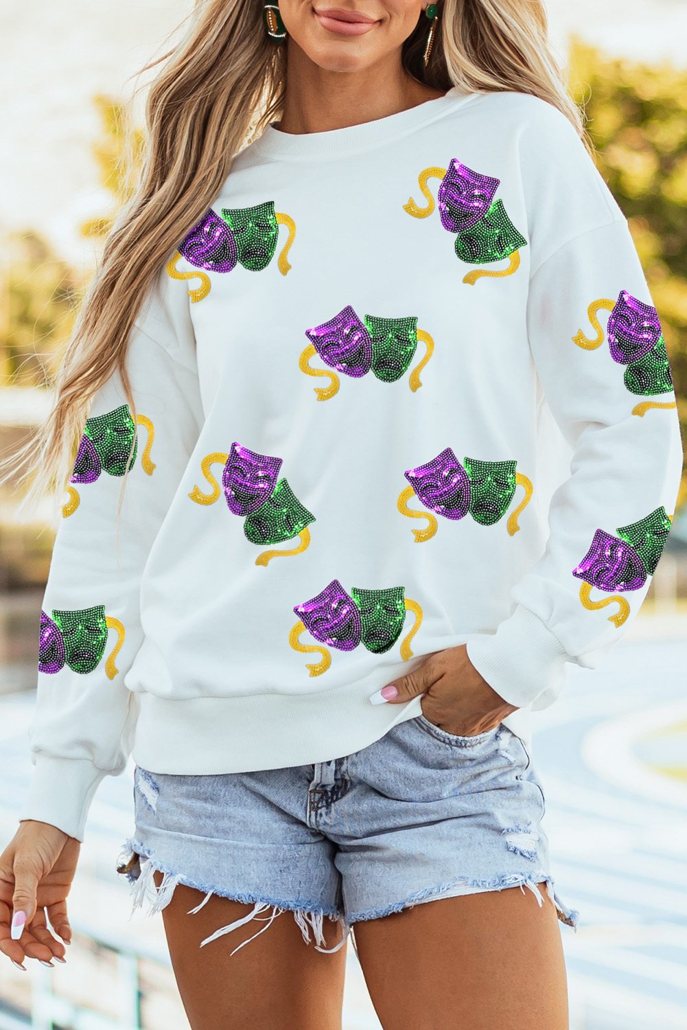 White Sequined Mardi Gras Mask Pattern Drop Shoulder Sweatshirt - loveforevers