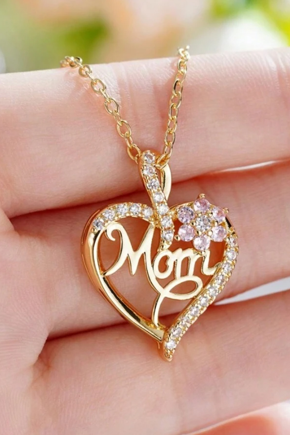 Gold Mom Rhinestone Flower Hollow-out Heart Necklace - loveforevers