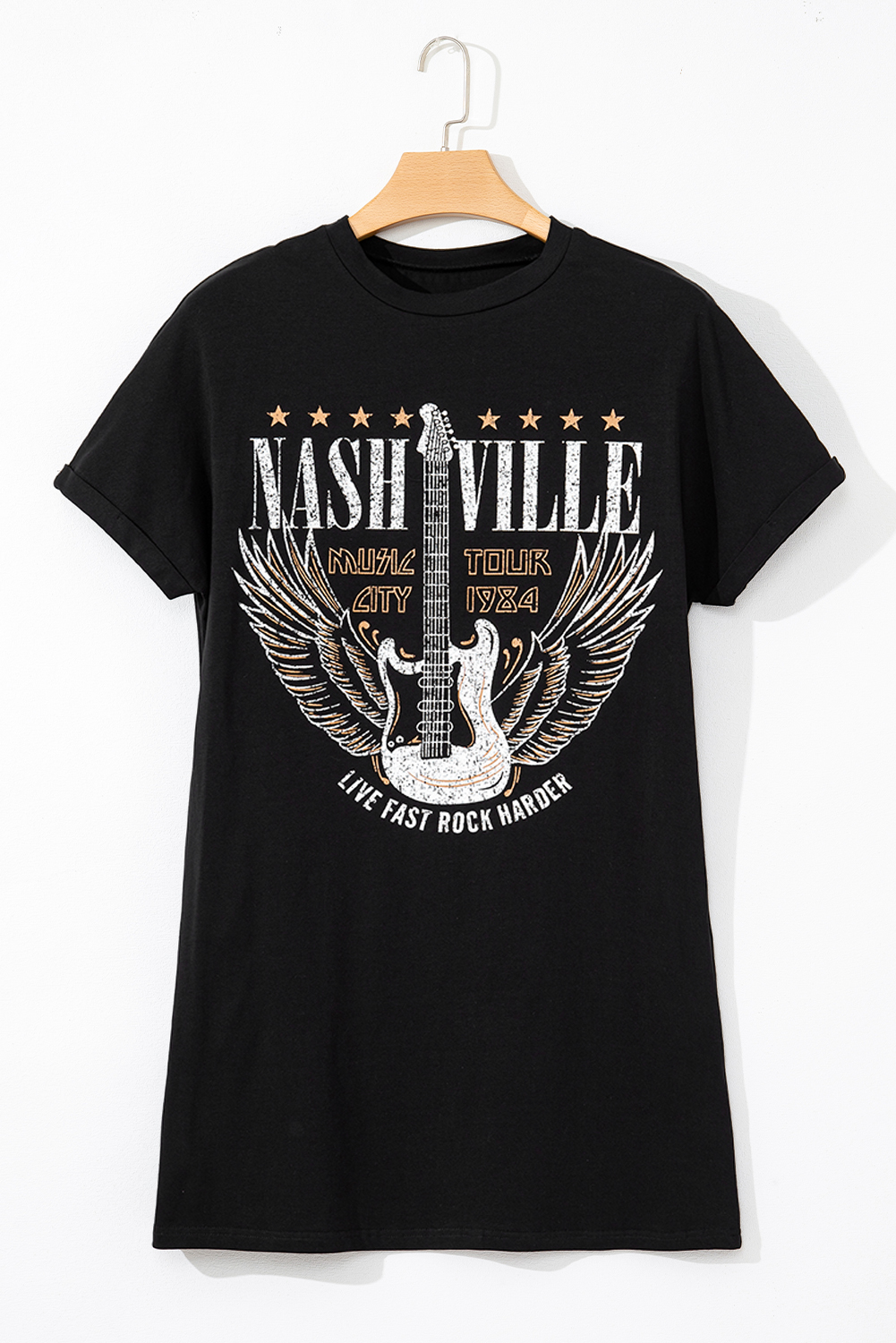 Black Nashville Guitar Print Crew Neck T Shirt Mini Dress - loveforevers
