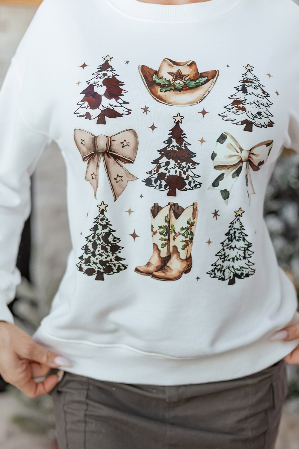 White Cowgirl Bow Christmas Tree Print Drop Shoulder Sweatshirt - loveforevers