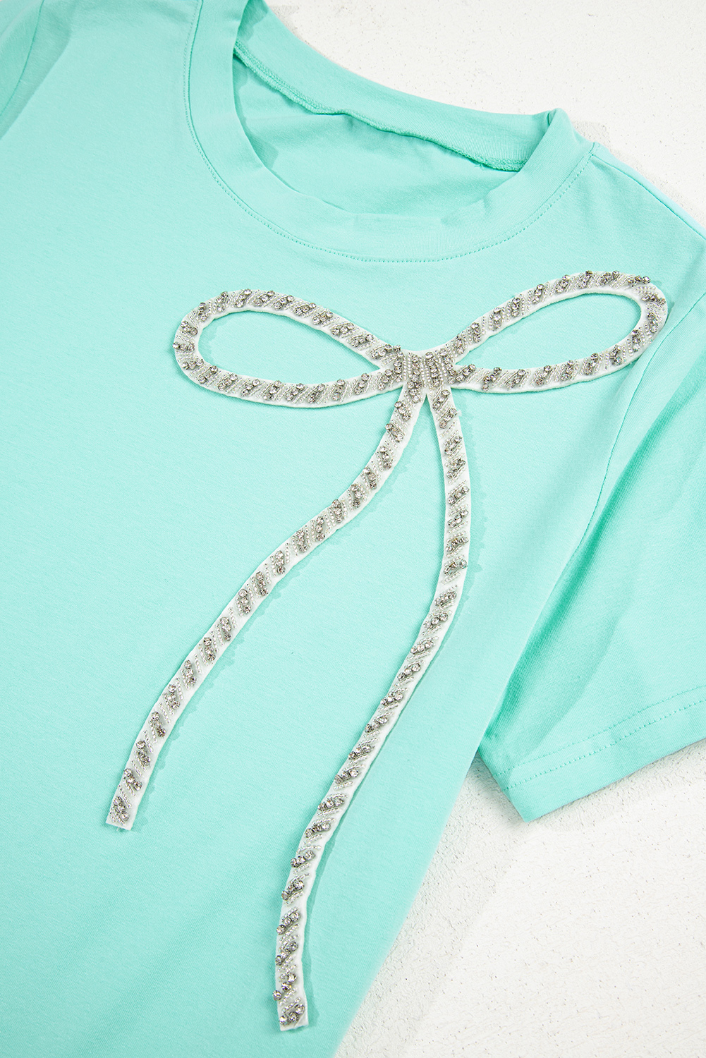 White Rhinestone Bow Embellished Round Neck Tee - loveforevers