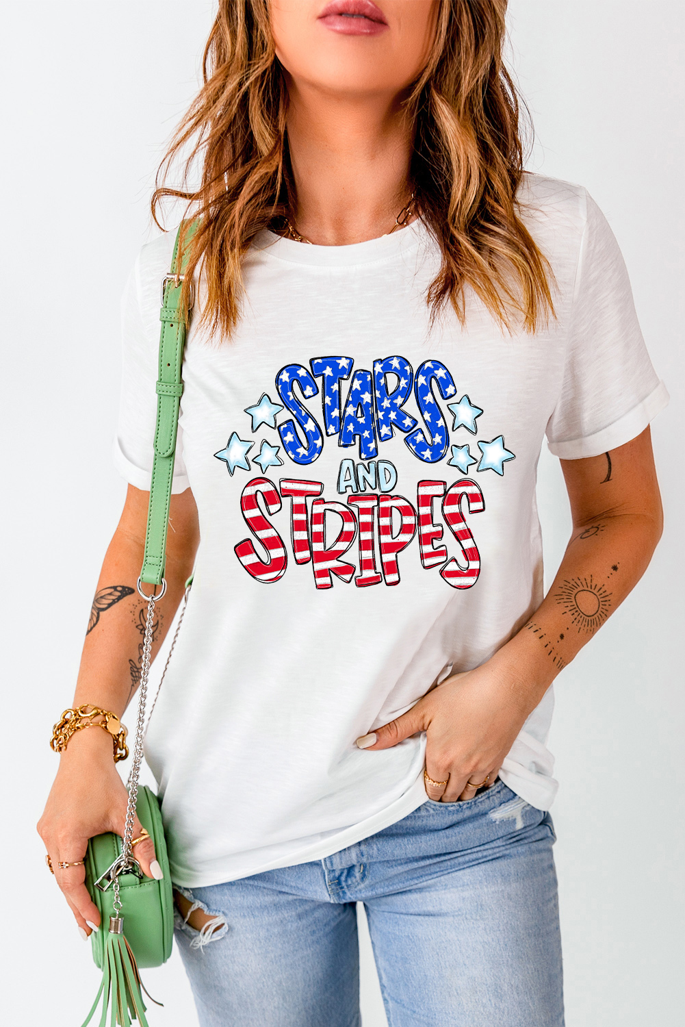 White Stars and Stripes Round Neck Graphic T Shirt - loveforevers