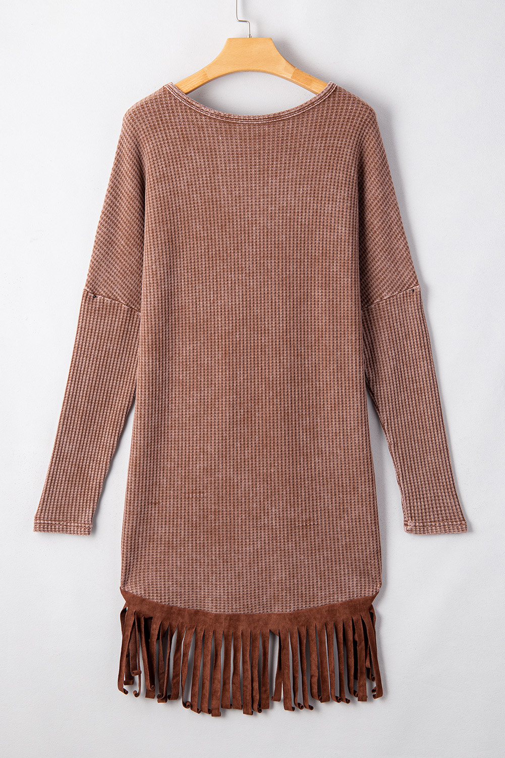 Coffee Waffle Knit Fringed High Low Loose Top - loveforevers