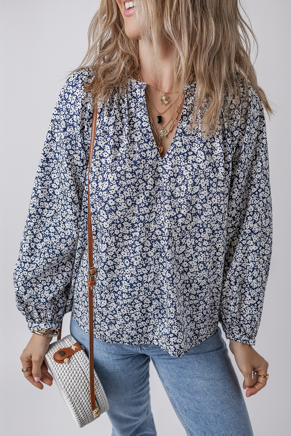 Blue Floral Print Notched V Neck Puff Sleeve Blouse - loveforevers