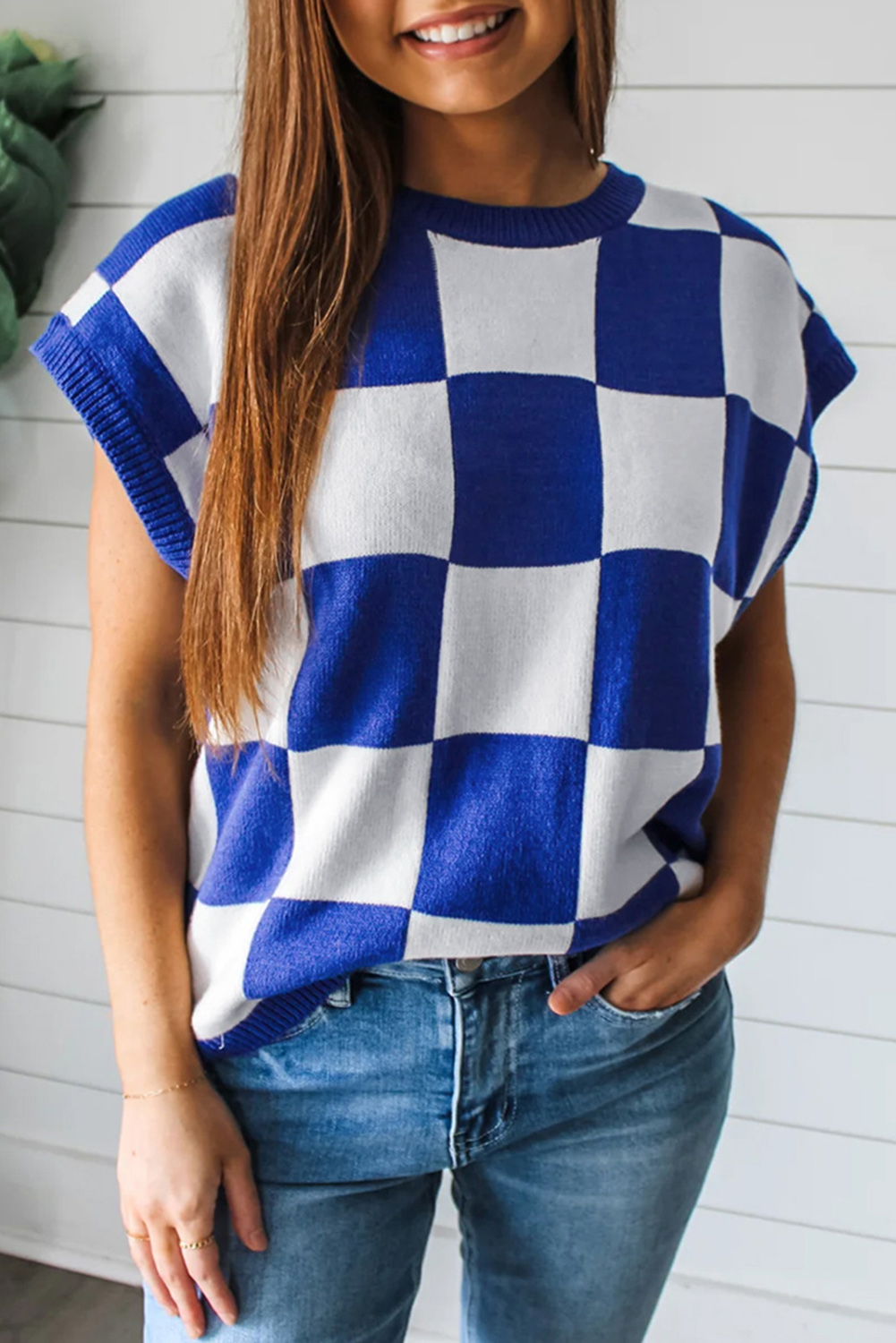 Dark Blue Cherckerboard Round Neck Sweater Vest - loveforevers