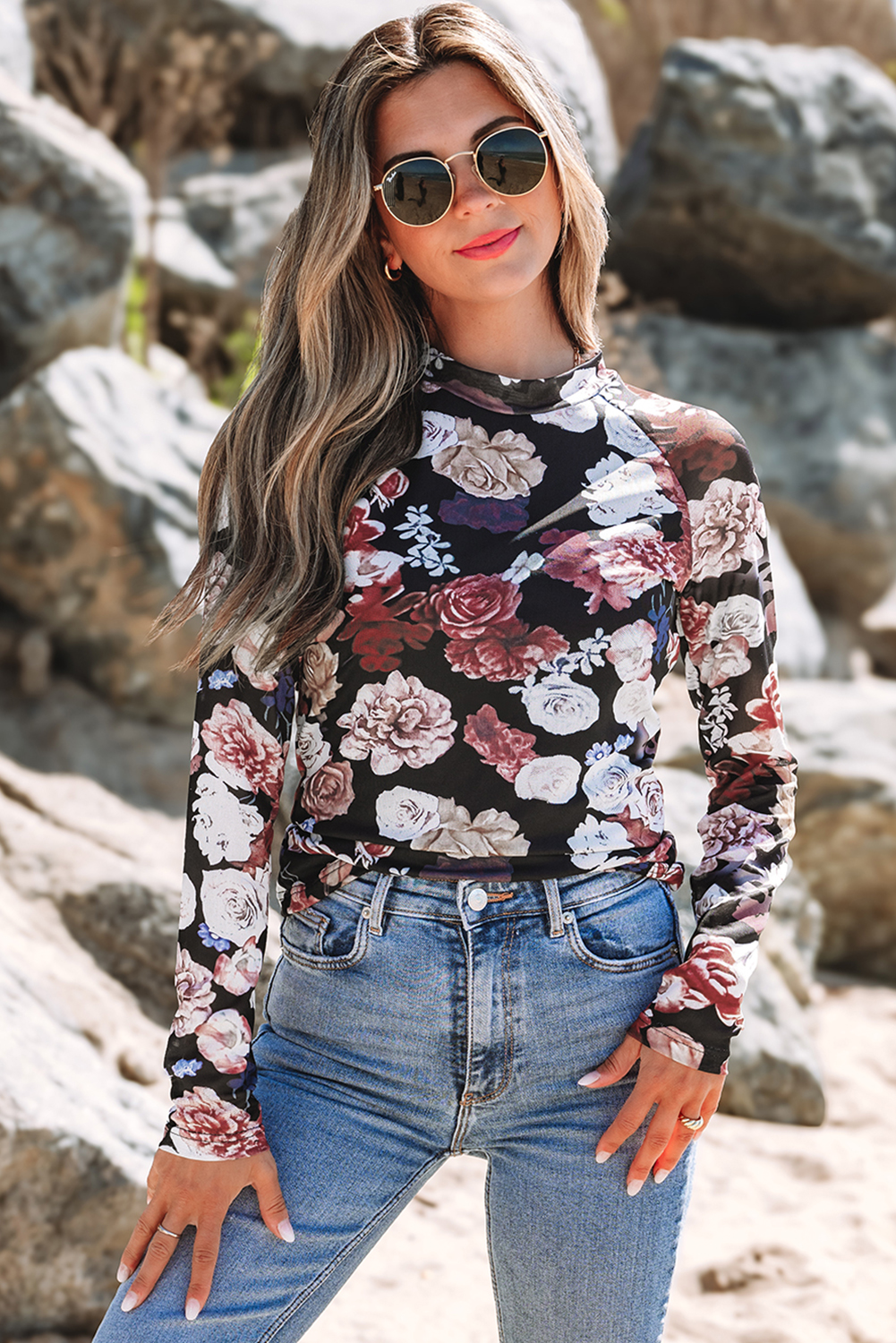 Pink Mesh Floral Print Mock Neck Long Sleeve Slim Top - loveforevers