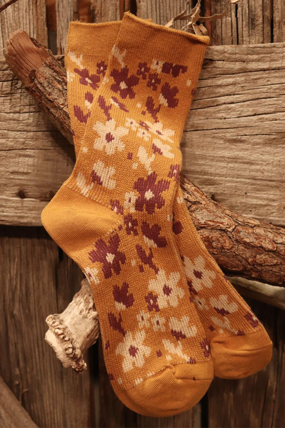 Mustard Vintage Floral Pattern High Ankle Socks - loveforevers