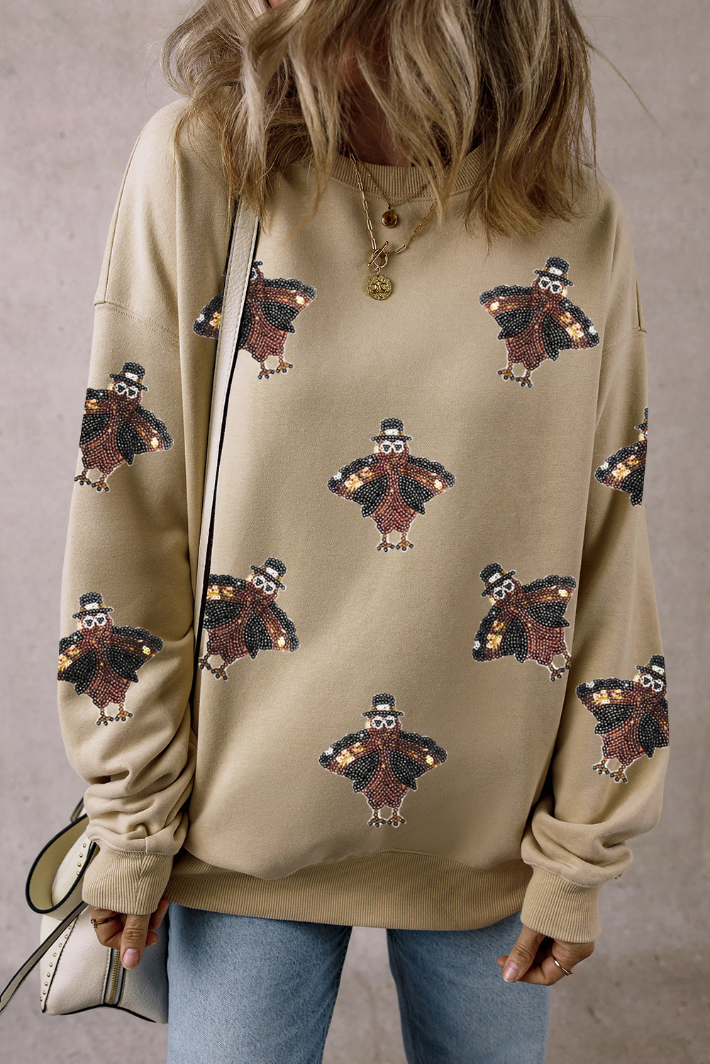 Parchment Shimmering Turkey Pattern Thanksgiving Holiday Sweatshirt - loveforevers