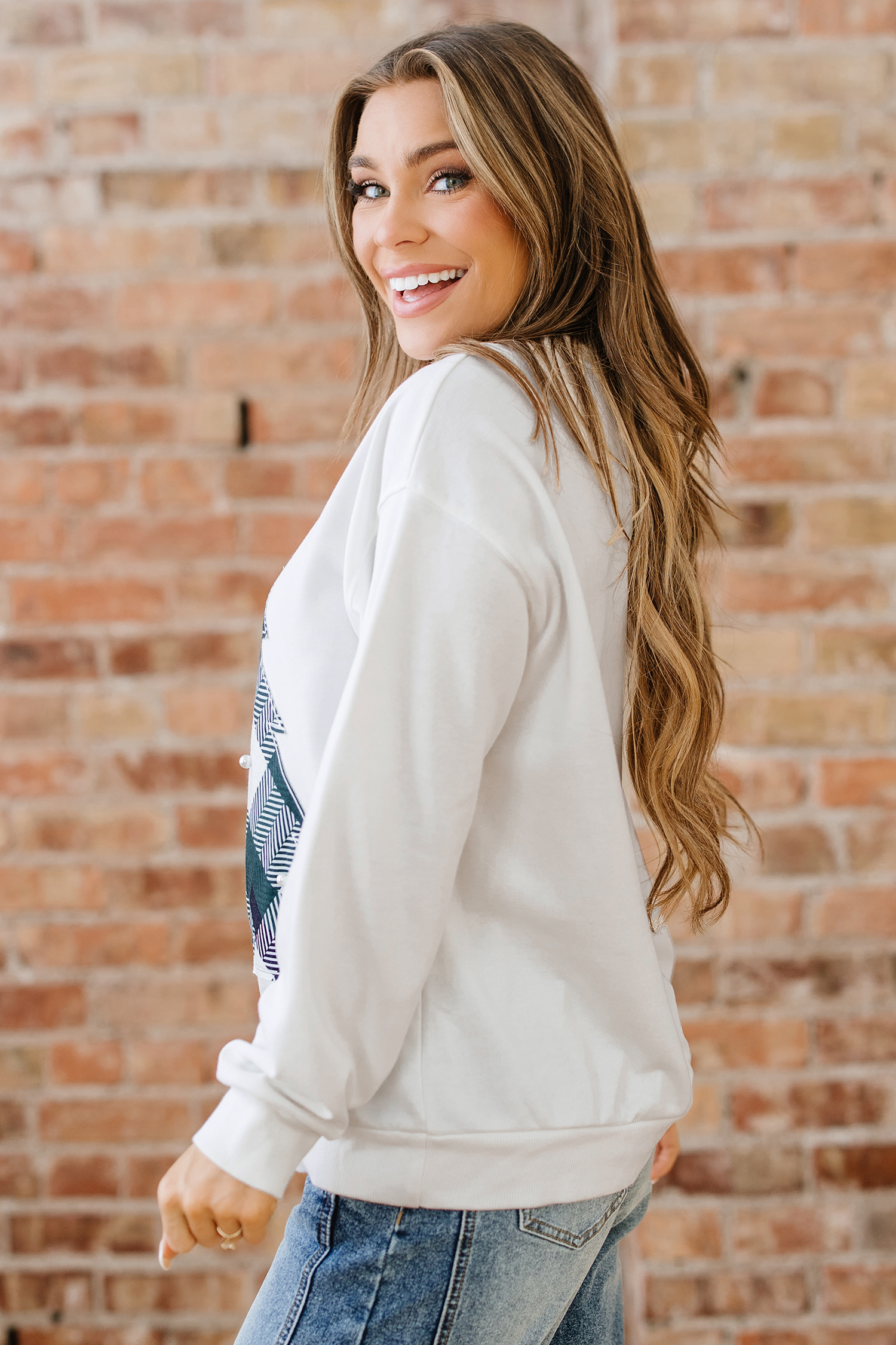 White Pearl Plaid Christmas Tree Patched Drop Shoulder Sweatshirt - loveforevers