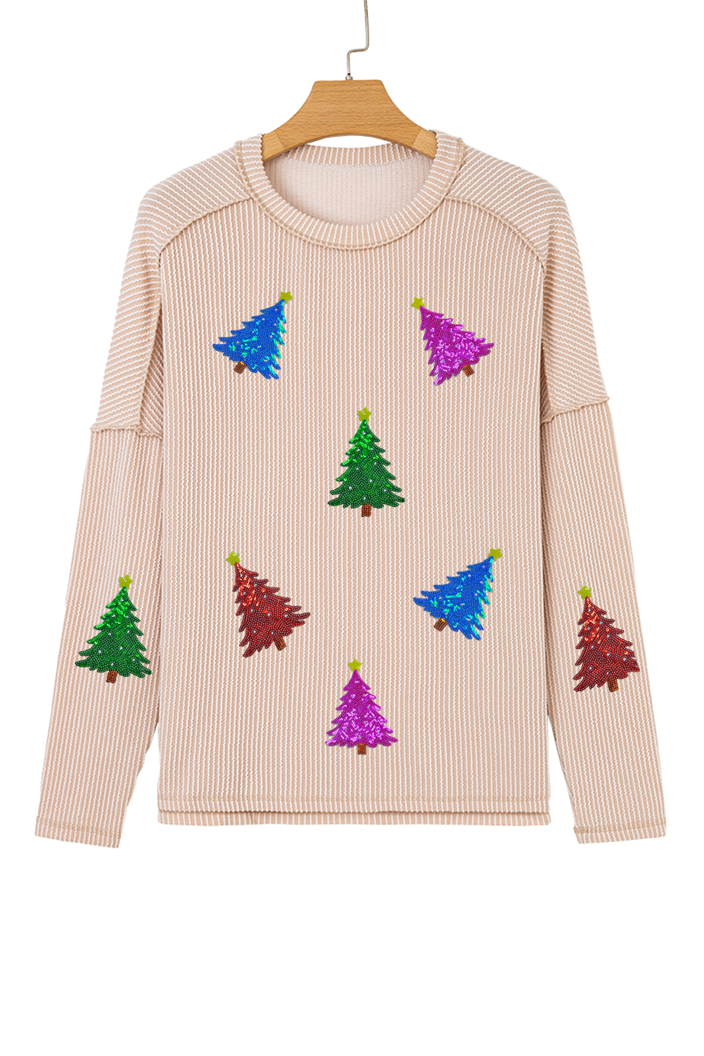 Parchment Sequin Christmas Tree Exposed Seam Drop Shoulder Ribbed Long Sleeve Top - loveforevers