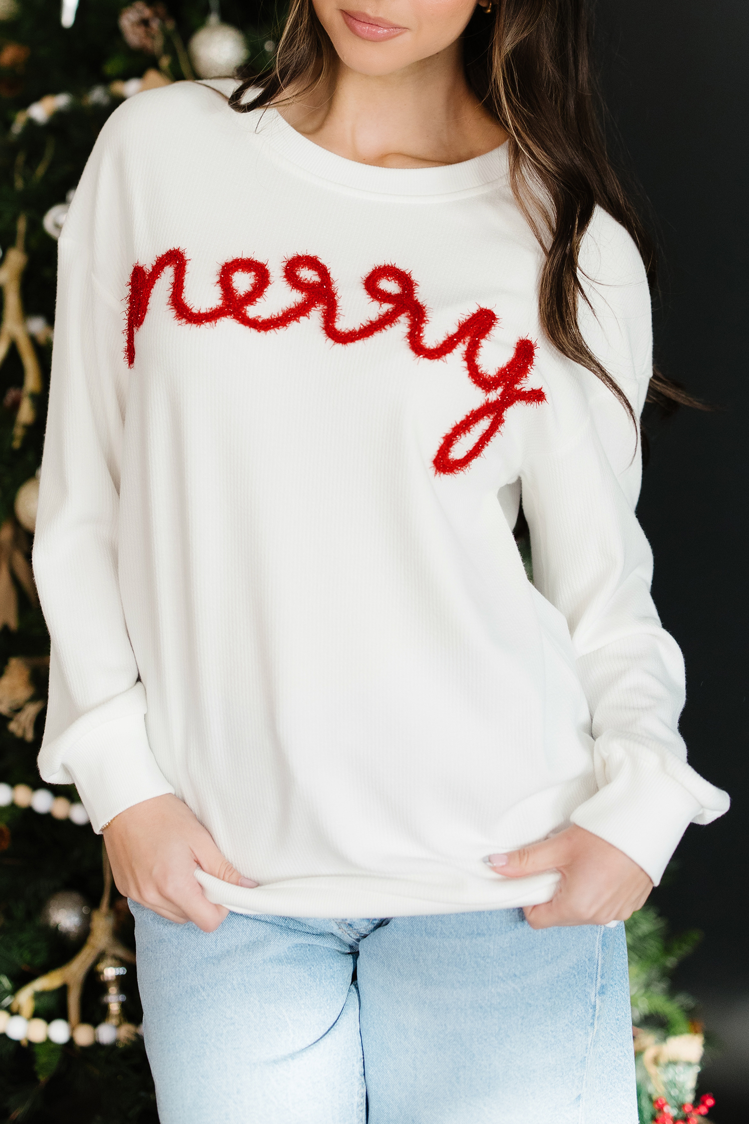 White Merry Tinsel Letter Embroidery Ribbed Drop Shoulder Sweatshirt - loveforevers