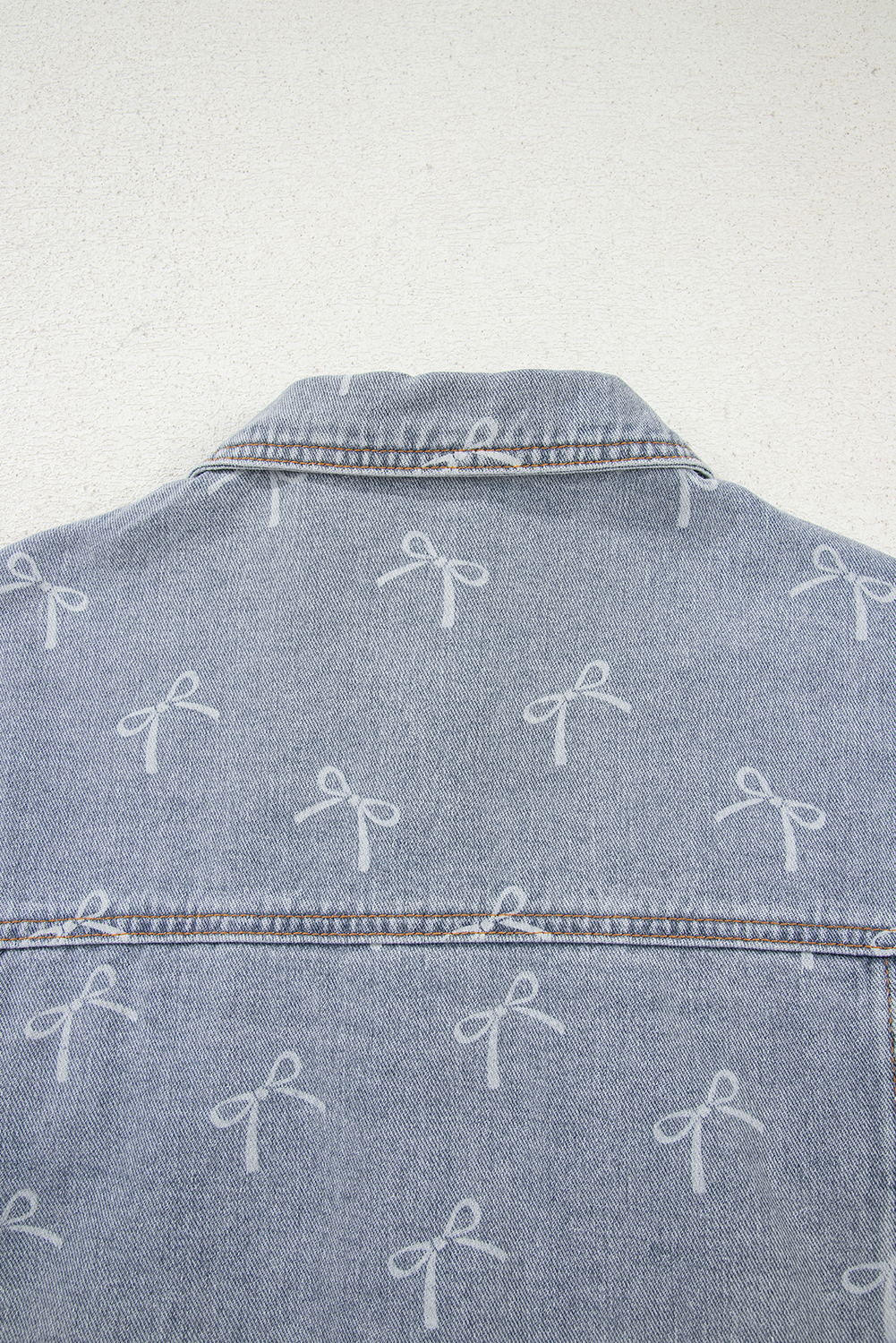 Sky Blue Bow Knot Print Light Wash Raw Hem Denim Jacket - loveforevers