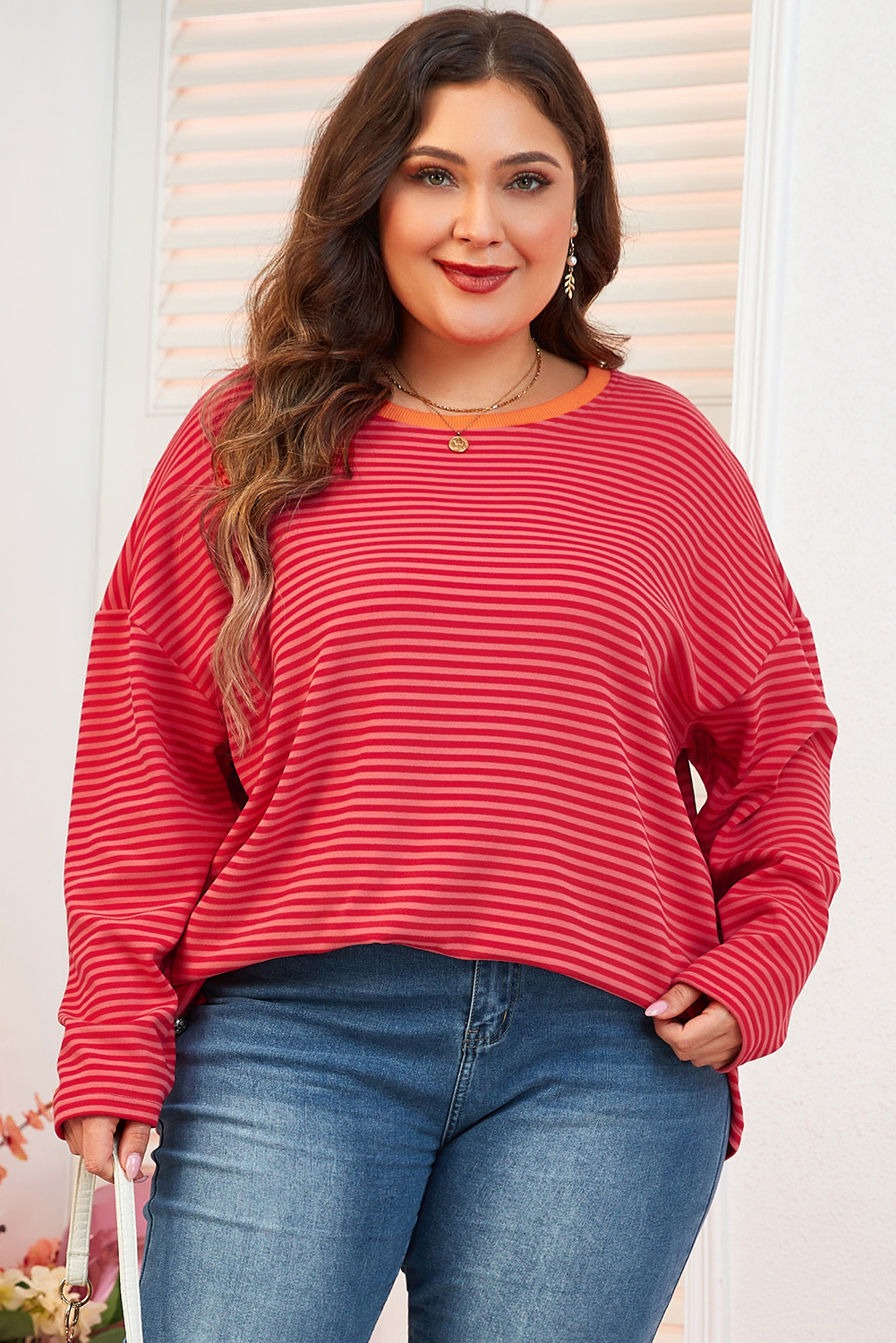 Orange Stripe Plus Size Drop Shoulder Long Sleeve Buttoned Decor Top - loveforevers