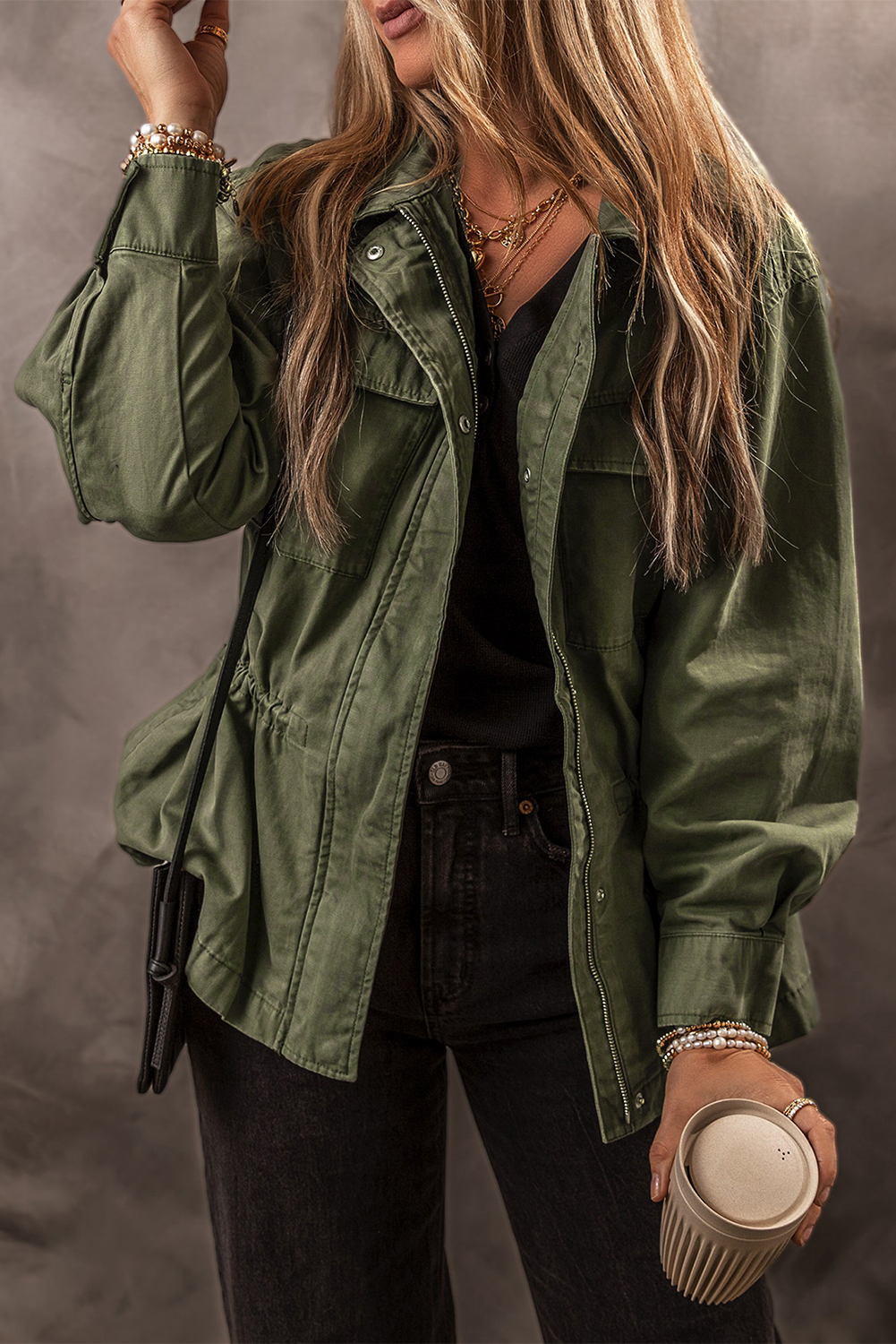 Moss Green Snap Button Zipper Tight Waist Collared Jacket - loveforevers